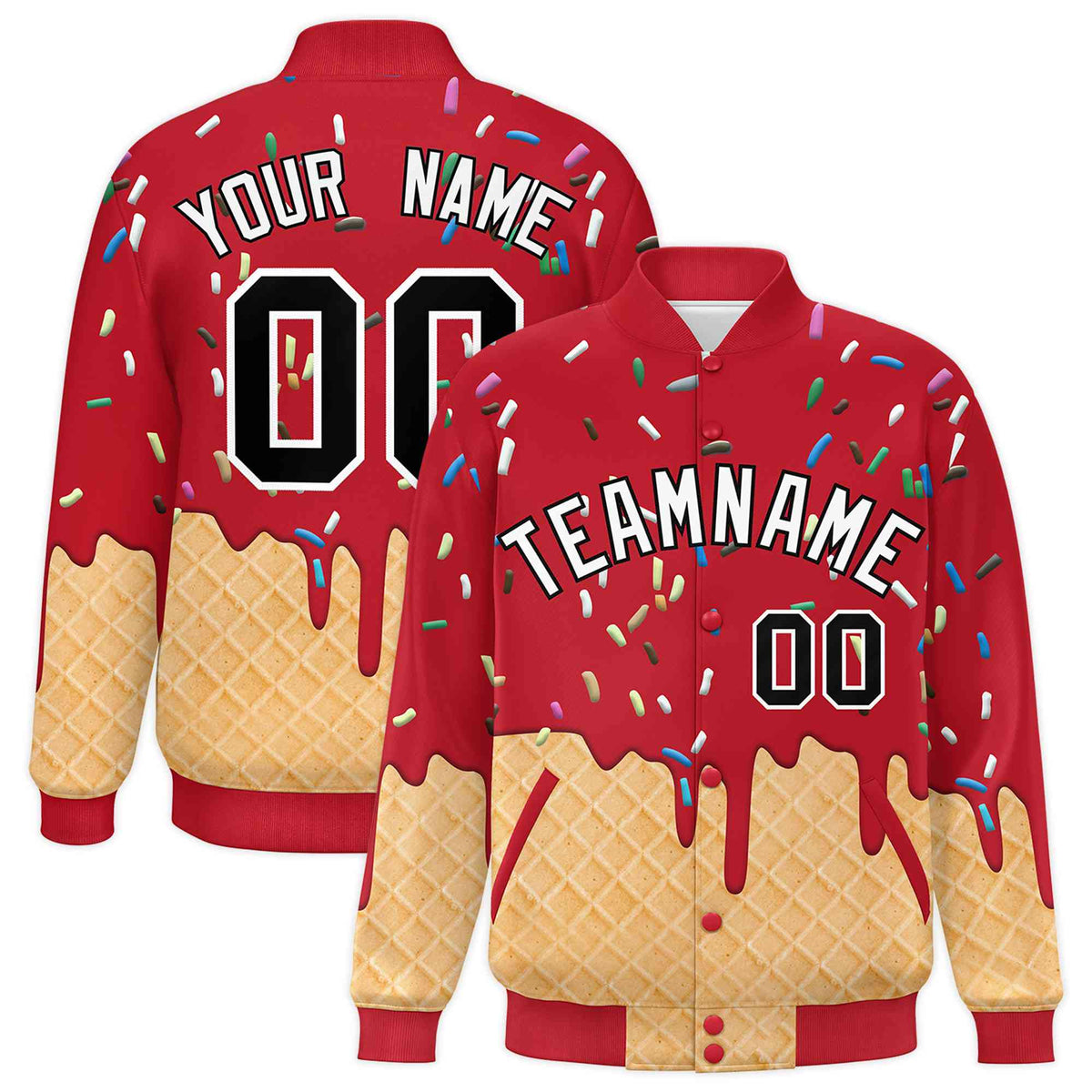 Custom Red Ice Cream Cone Graffiti Pattern Full-Snap Varsity Letterman Jackets