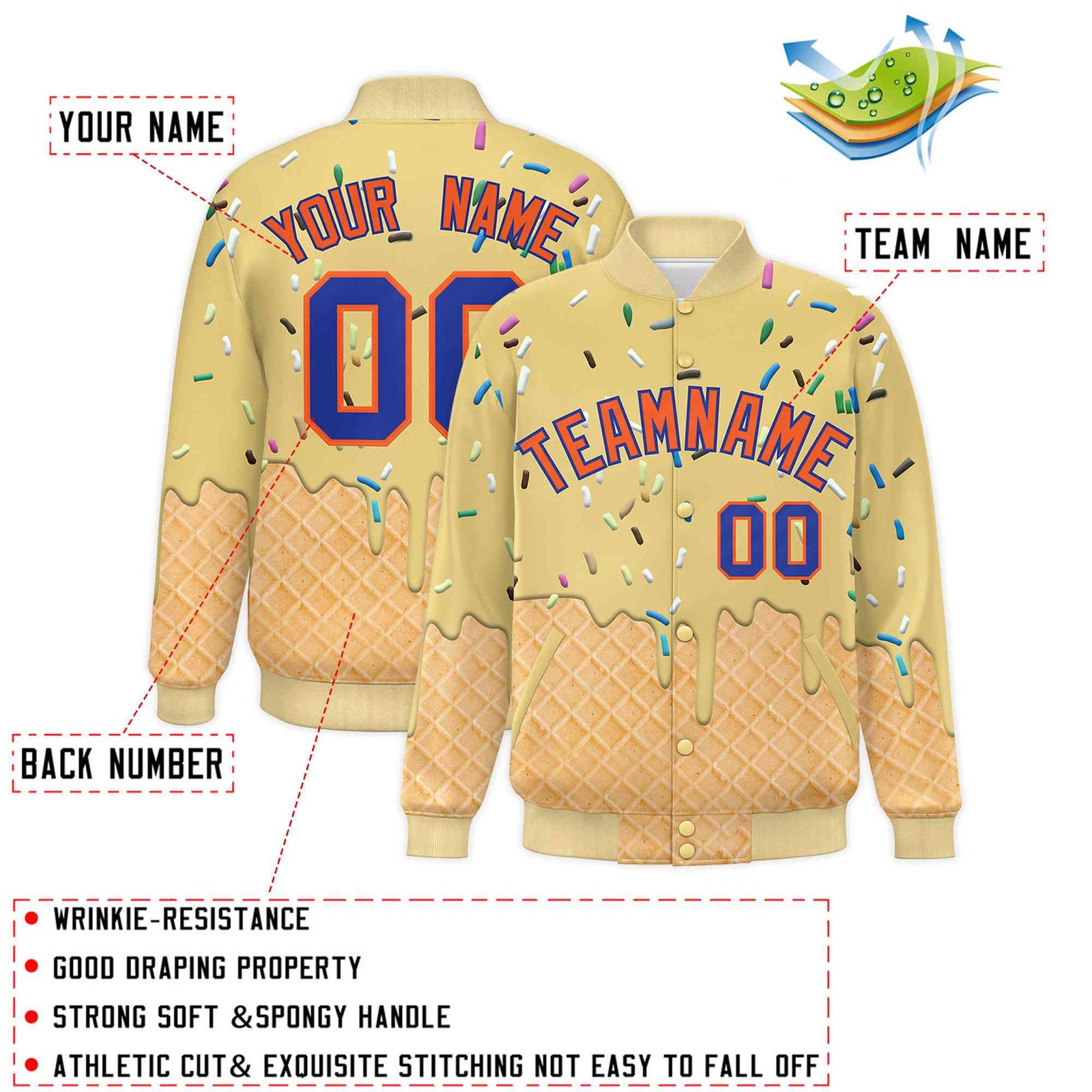 Custom Khaki Ice Cream Cone Graffiti Pattern Full-Snap Varsity Letterman Jackets