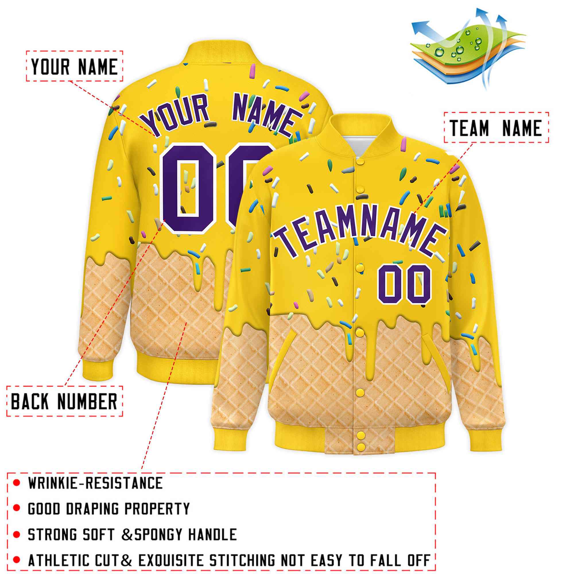 Custom Gold Ice Cream Cone Graffiti Pattern Full-Snap Varsity Letterman Jackets