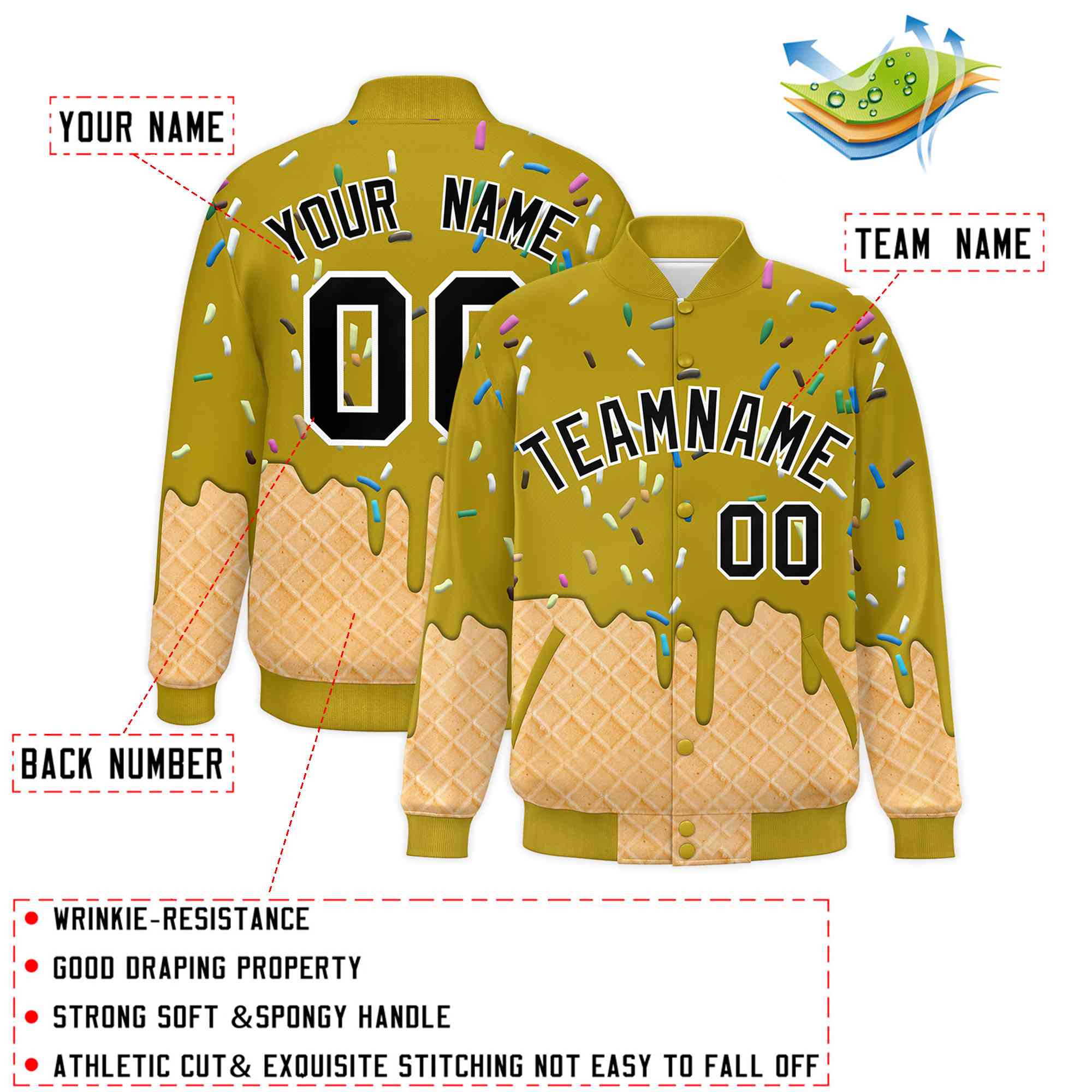 Custom Old Gold Ice Cream Cone Graffiti Pattern Full-Snap Varsity Letterman Jackets