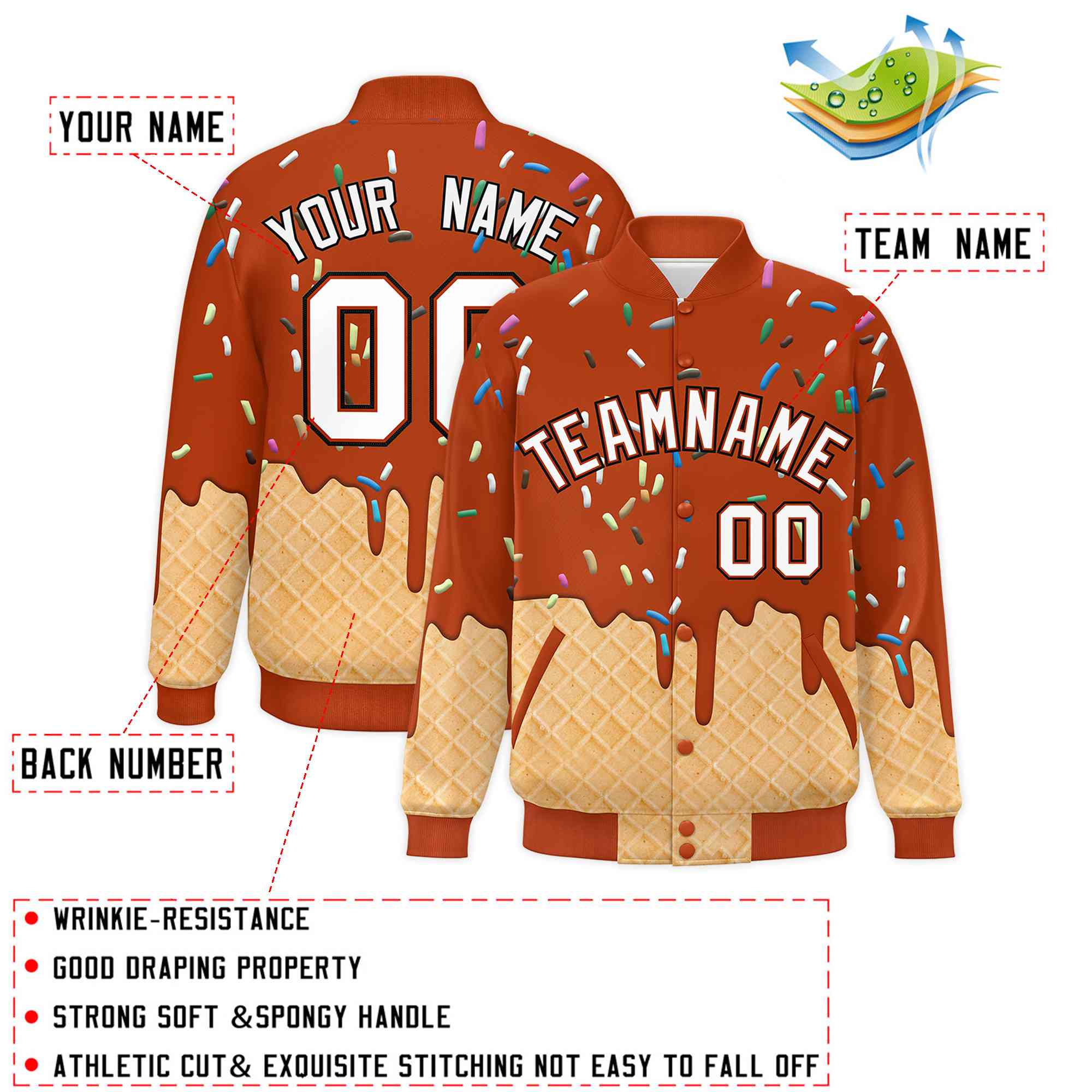 Custom Dark Orange Ice Cream Cone Graffiti Pattern Full-Snap Varsity Letterman Jackets