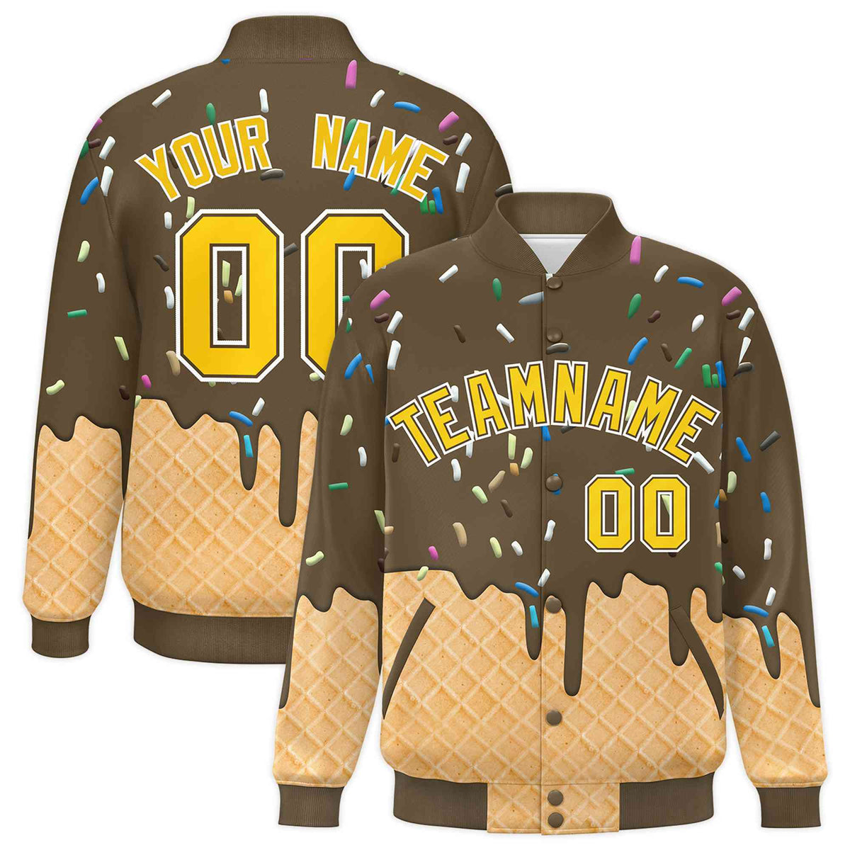 Custom Light Brown Ice Cream Cone Graffiti Pattern Full-Snap Varsity Letterman Jackets