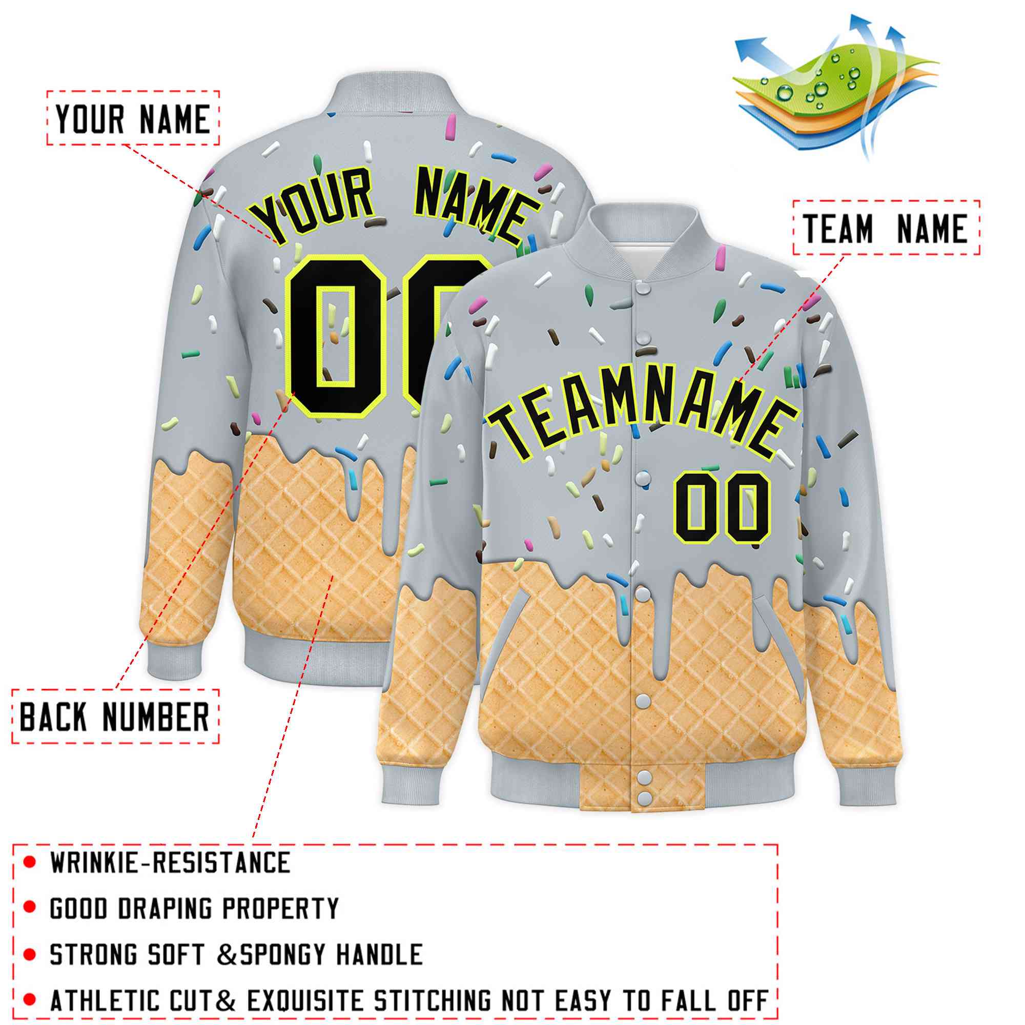 Custom Silver Ice Cream Cone Graffiti Pattern Full-Snap Varsity Letterman Jackets