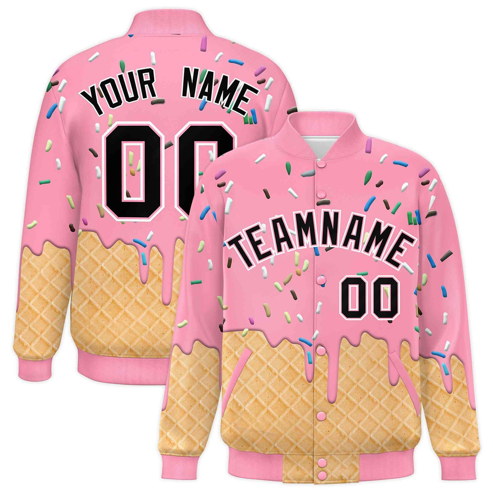 Custom Light Pink Ice Cream Cone Graffiti Pattern Full-Snap Varsity Letterman Jackets