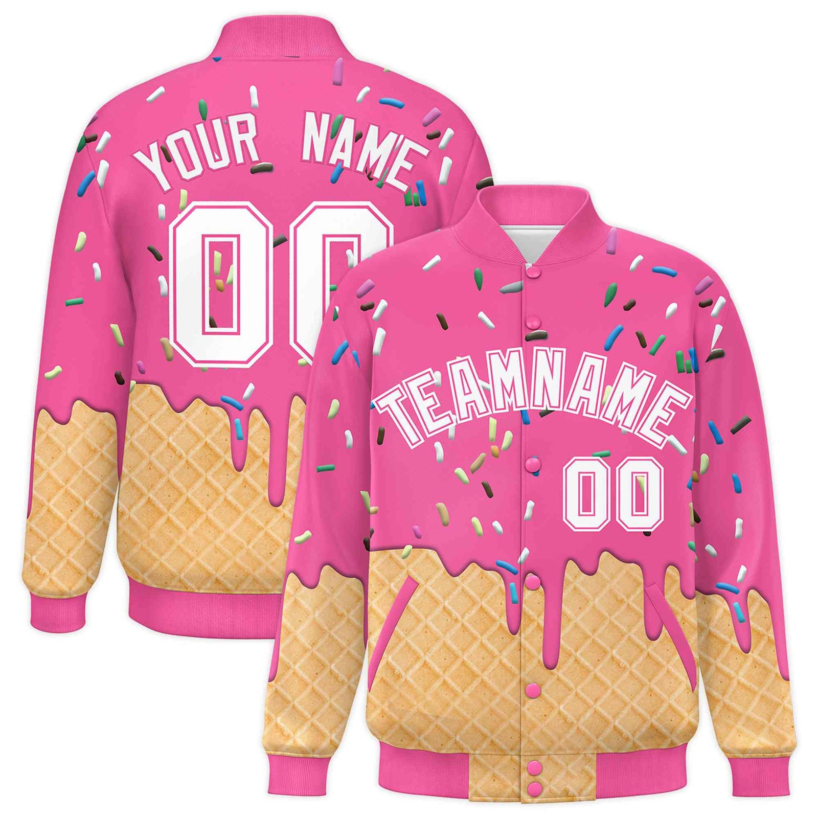 Custom Pink Ice Cream Cone Graffiti Pattern Full-Snap Varsity Letterman Jackets