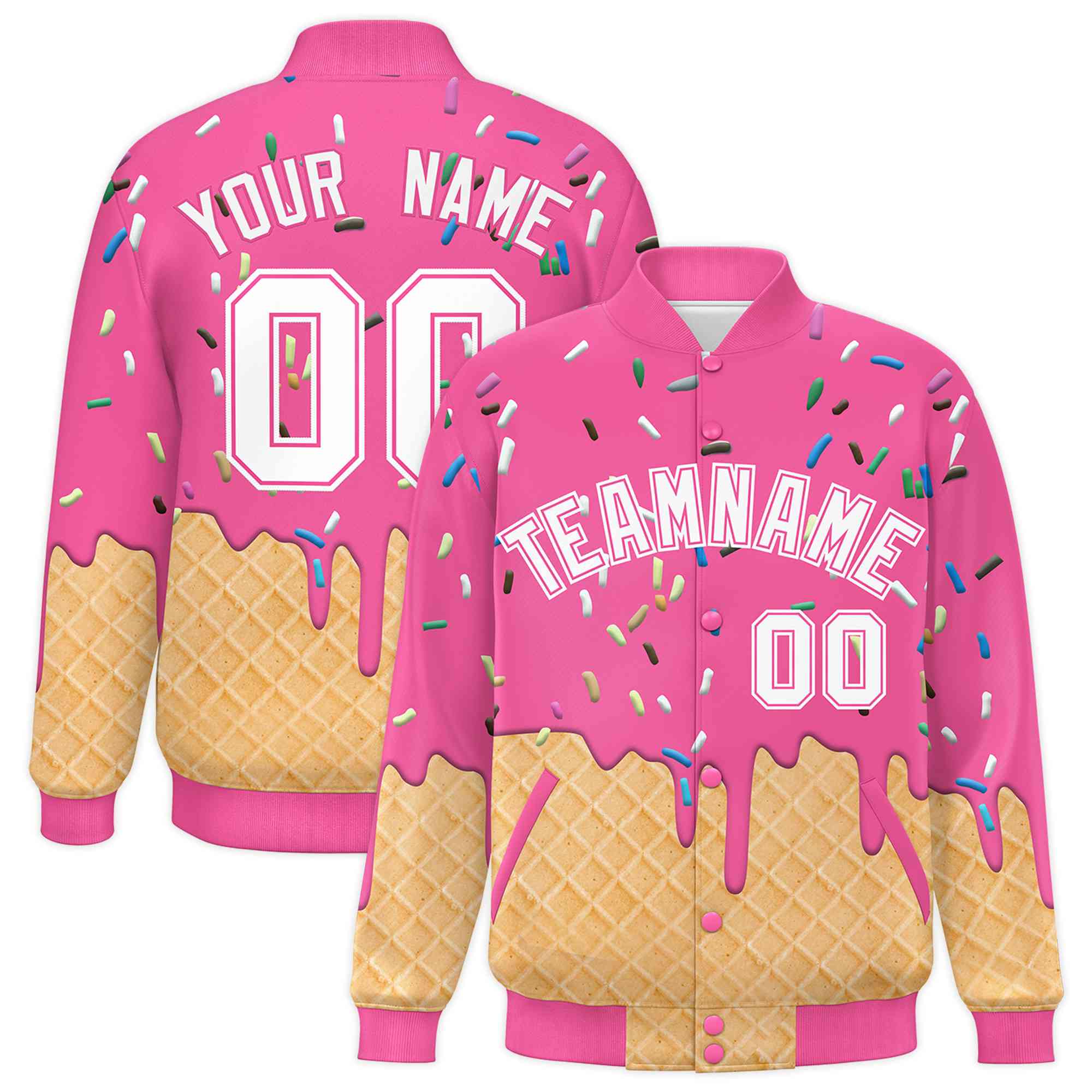 Custom Pink Ice Cream Cone Graffiti Pattern Full-Snap Varsity Letterman Jackets