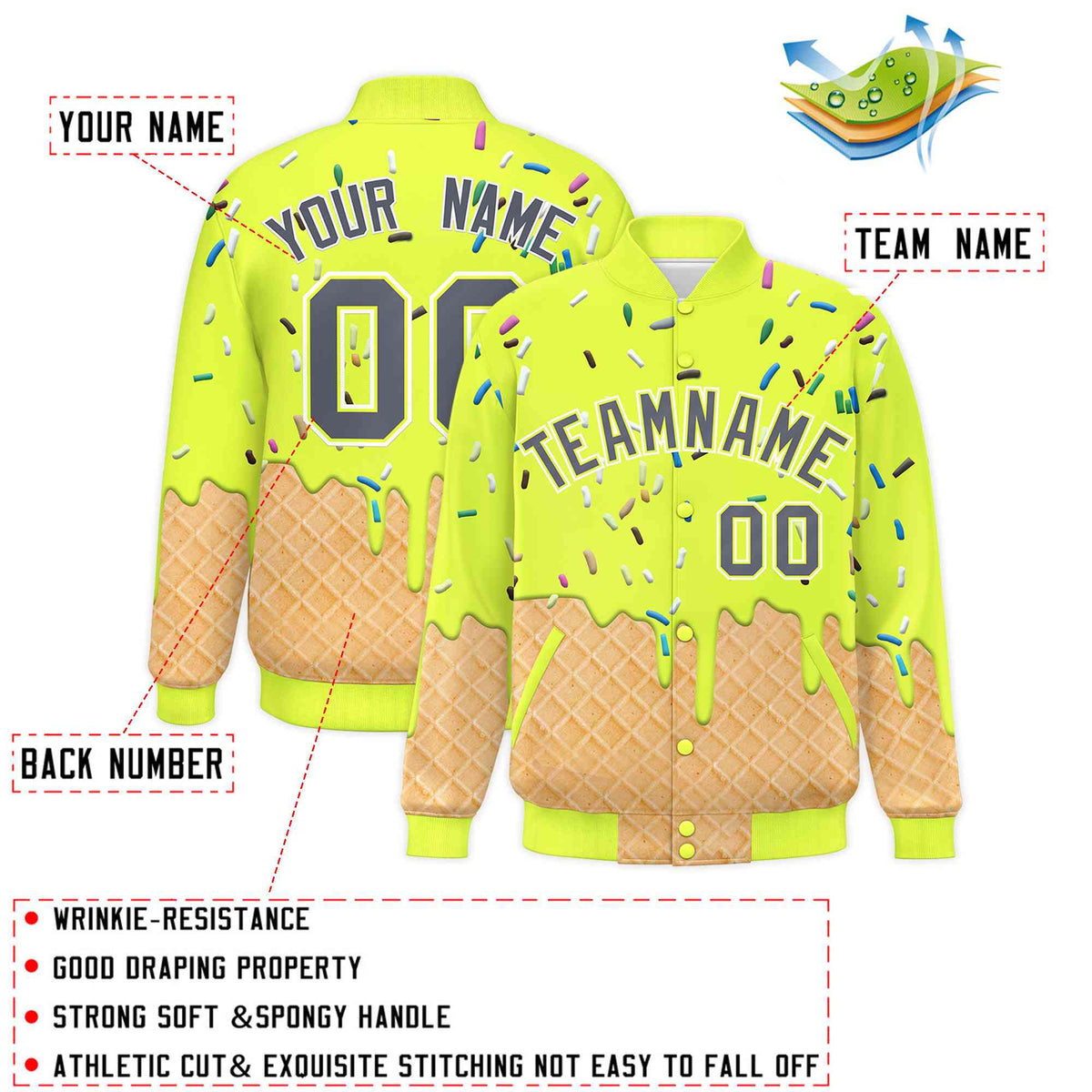 Custom Fluorescent Green Ice Cream Cone Graffiti Pattern Full-Snap Varsity Letterman Jackets
