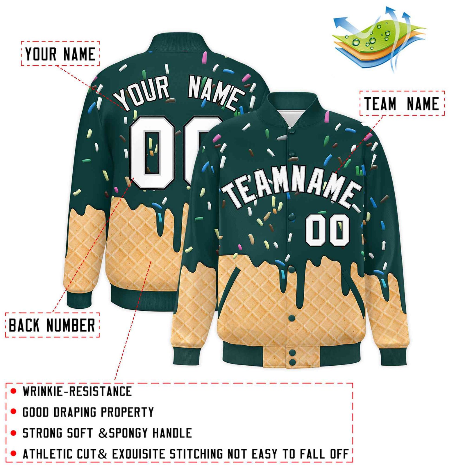 Custom Midnight Green Ice Cream Cone Graffiti Pattern Full-Snap Varsity Letterman Jackets