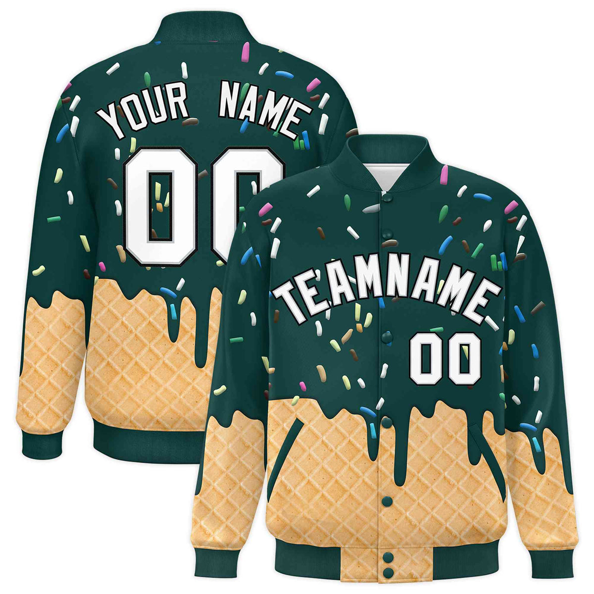 Custom Midnight Green Ice Cream Cone Graffiti Pattern Full-Snap Varsity Letterman Jackets