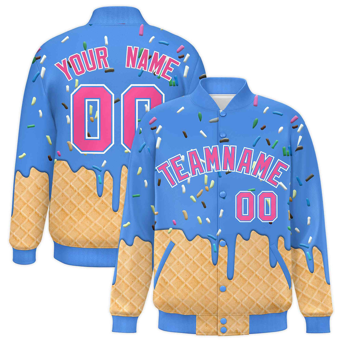 Custom Powder Blue Ice Cream Cone Graffiti Pattern Full-Snap Varsity Letterman Jackets