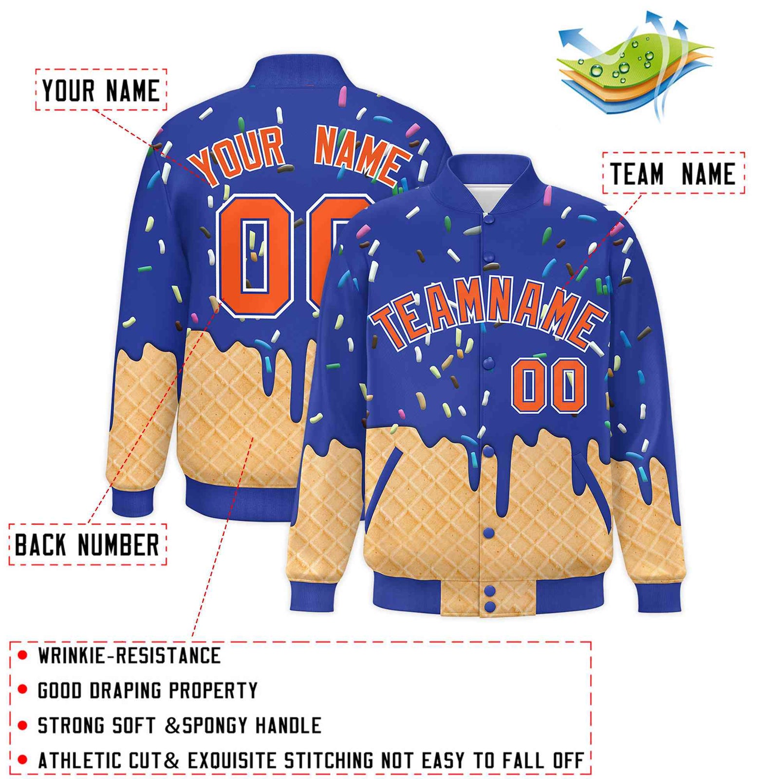 Custom Royal Blue Ice Cream Cone Graffiti Pattern Full-Snap Varsity Letterman Jackets