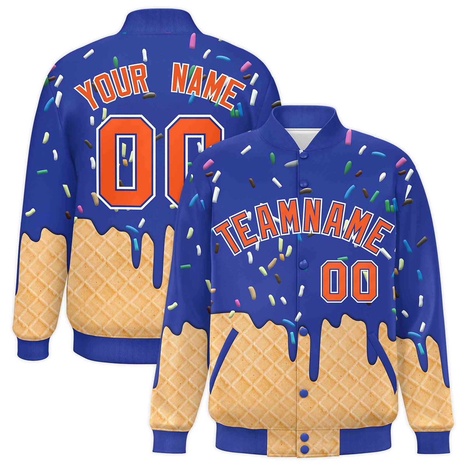 Custom Royal Blue Ice Cream Cone Graffiti Pattern Full-Snap Varsity Letterman Jackets