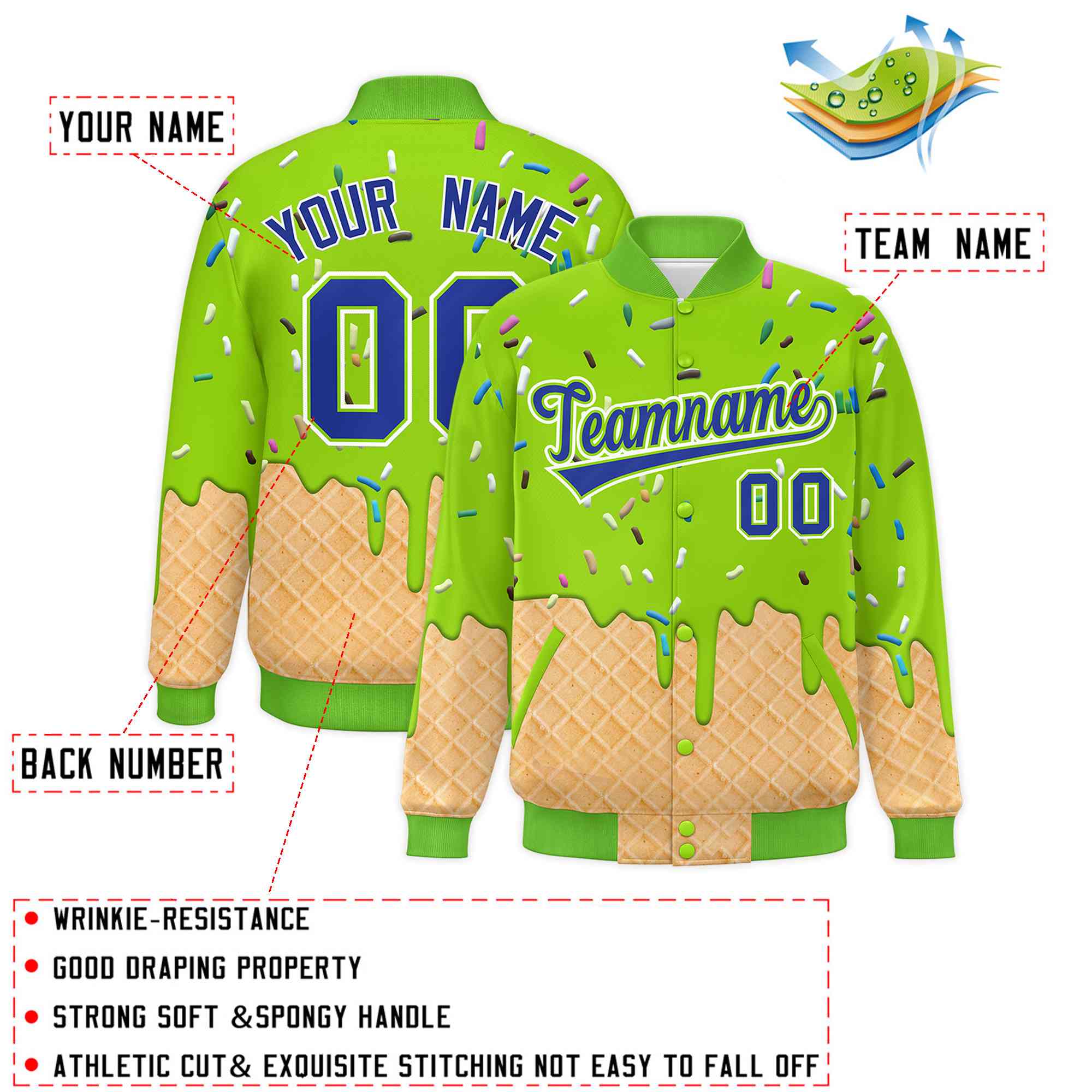 Custom Neon Green Ice Cream Cone Graffiti Pattern Full-Snap Varsity Letterman Jackets| KXKSHOP