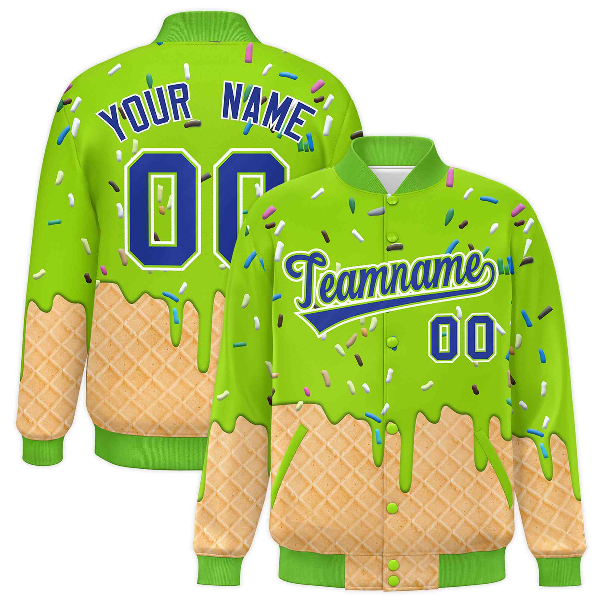 Custom Neon Green Ice Cream Cone Graffiti Pattern Full-Snap Varsity Letterman Jackets| KXKSHOP