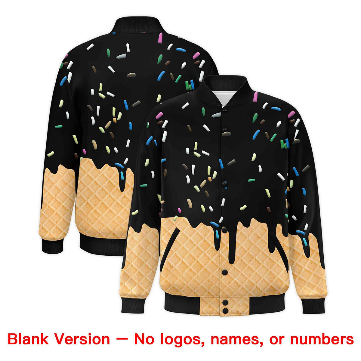 Custom Black Ice Cream Cone Graffiti Pattern Full-Snap Varsity Letterman Jackets| KXKSHOP