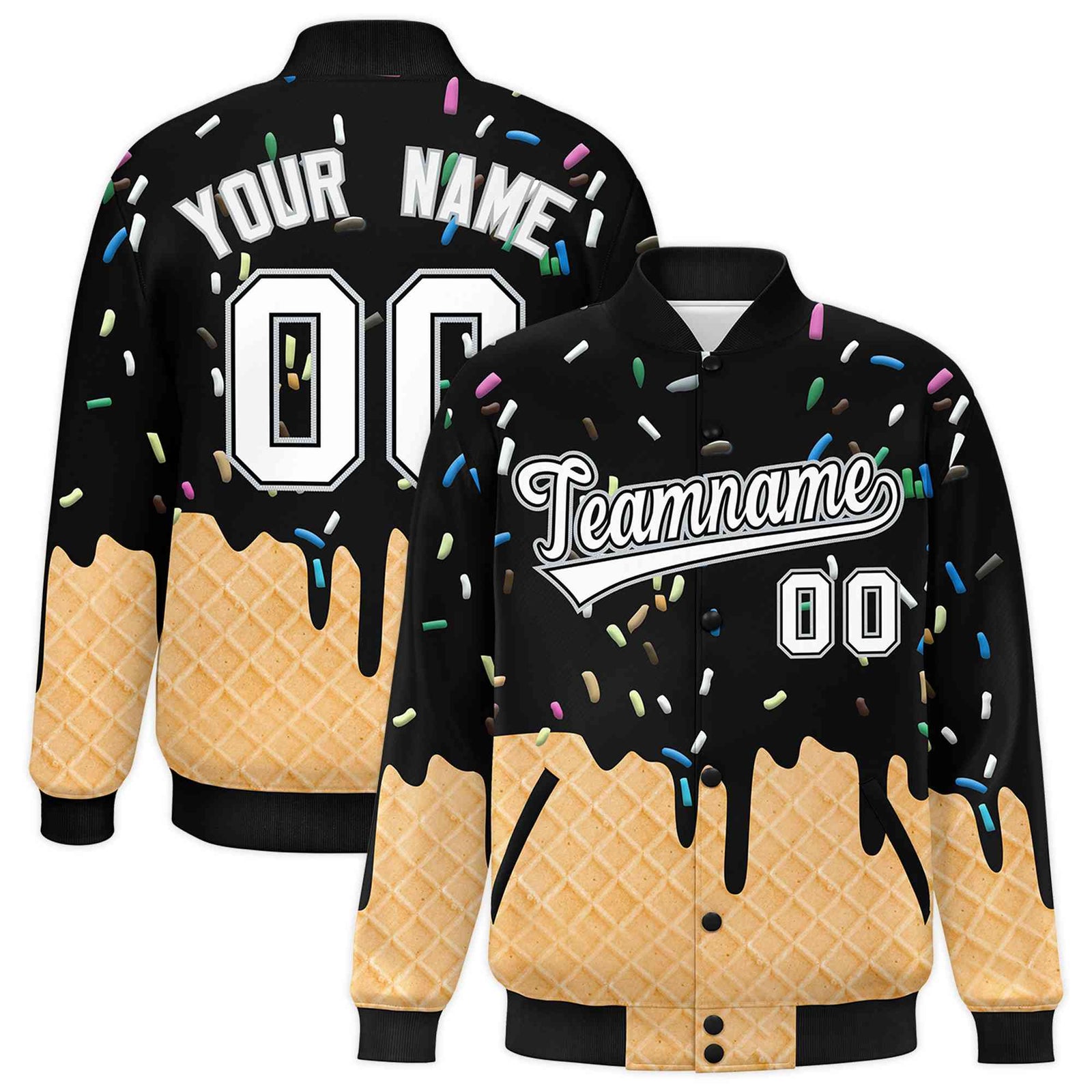 Custom Black Ice Cream Cone Graffiti Pattern Full-Snap Varsity Letterman Jackets| KXKSHOP