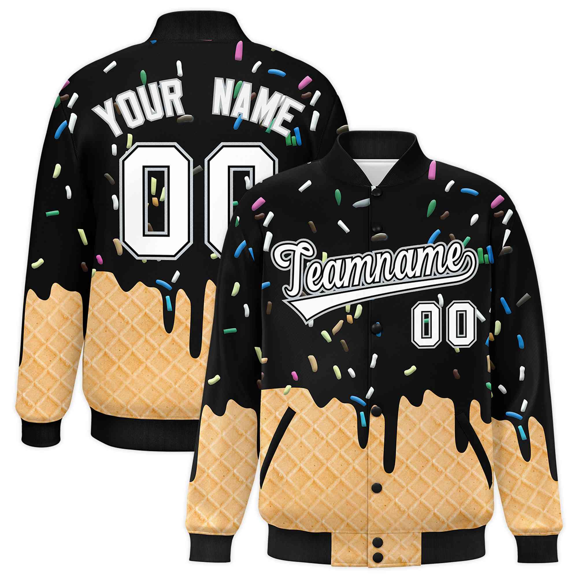 Custom Black Ice Cream Cone Graffiti Pattern Full-Snap Varsity Letterman Jackets| KXKSHOP