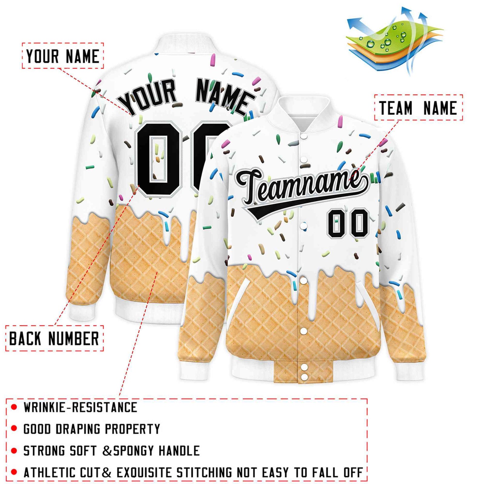 Custom White Ice Cream Cone Graffiti Pattern Full-Snap Varsity Letterman Jackets| KXKSHOP
