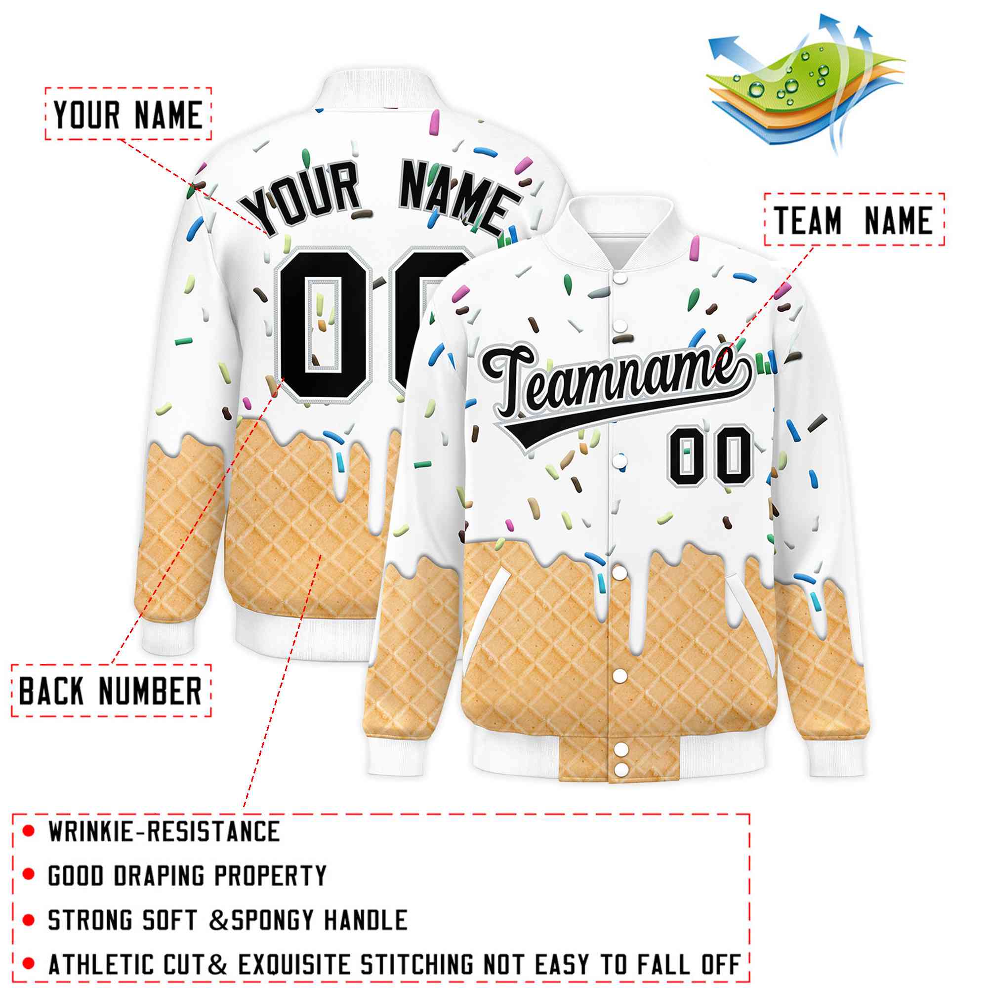 Custom White Ice Cream Cone Graffiti Pattern Full-Snap Varsity Letterman Jackets| KXKSHOP