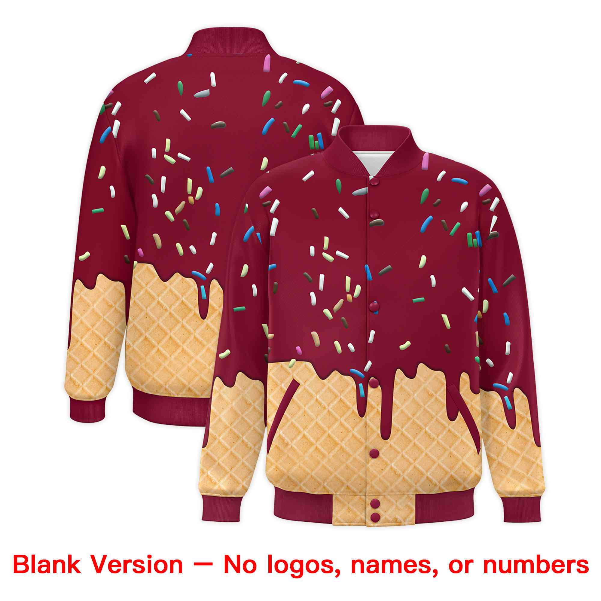 Custom Crimson Ice Cream Cone Graffiti Pattern Full-Snap Varsity Letterman Jackets| KXKSHOP