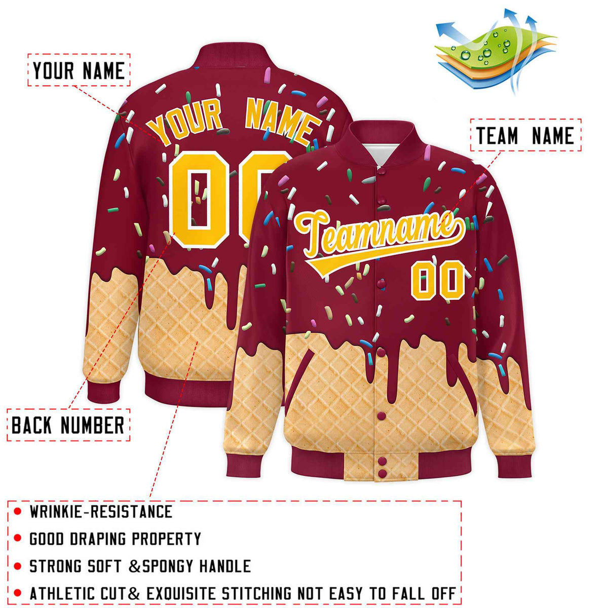 Custom Crimson Ice Cream Cone Graffiti Pattern Full-Snap Varsity Letterman Jackets| KXKSHOP