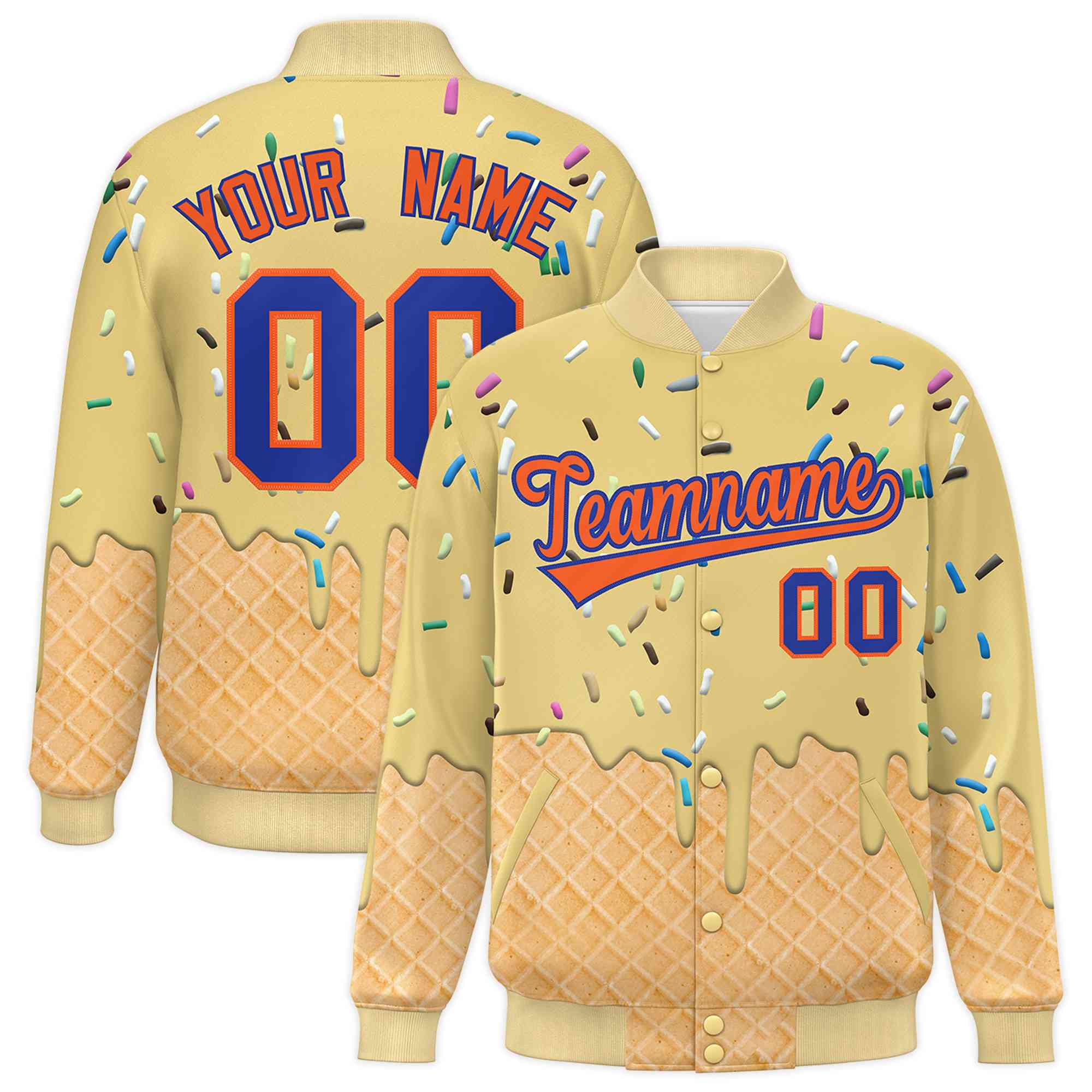 Custom Khaki Ice Cream Cone Graffiti Pattern Full-Snap Varsity Letterman Jackets| KXKSHOP