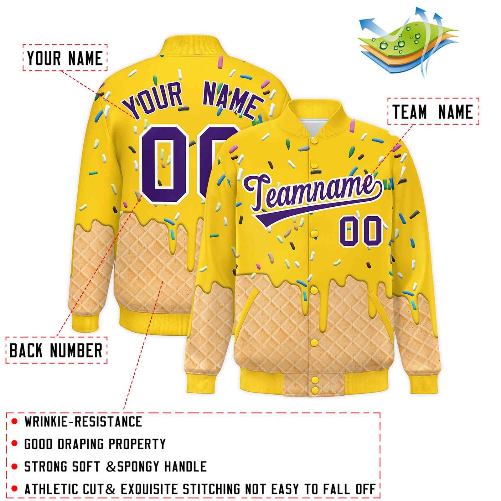 Custom Gold Ice Cream Cone Graffiti Pattern Full-Snap Varsity Letterman Jackets| KXKSHOP