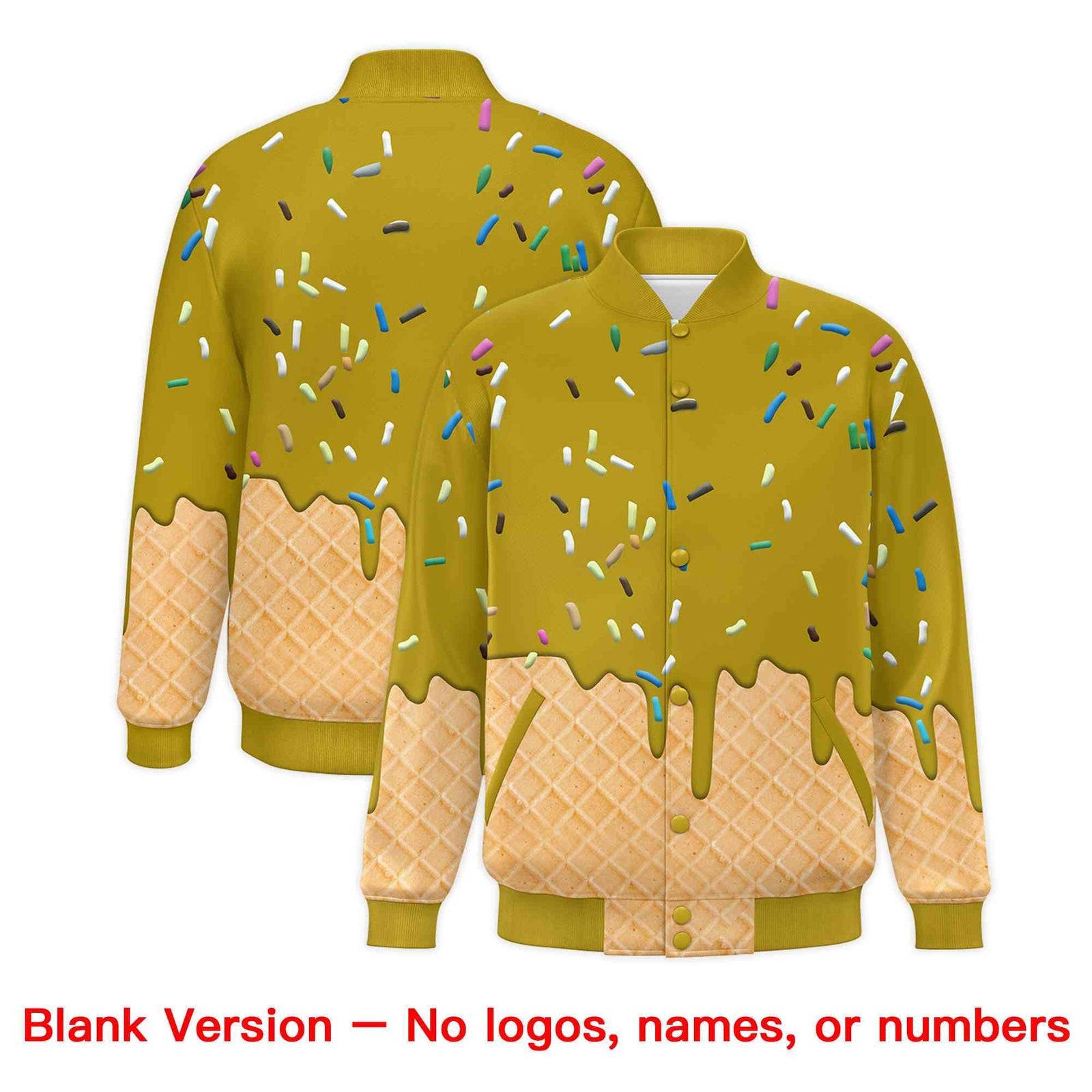 Custom Old Gold Ice Cream Cone Graffiti Pattern Full-Snap Varsity Letterman Jackets| KXKSHOP