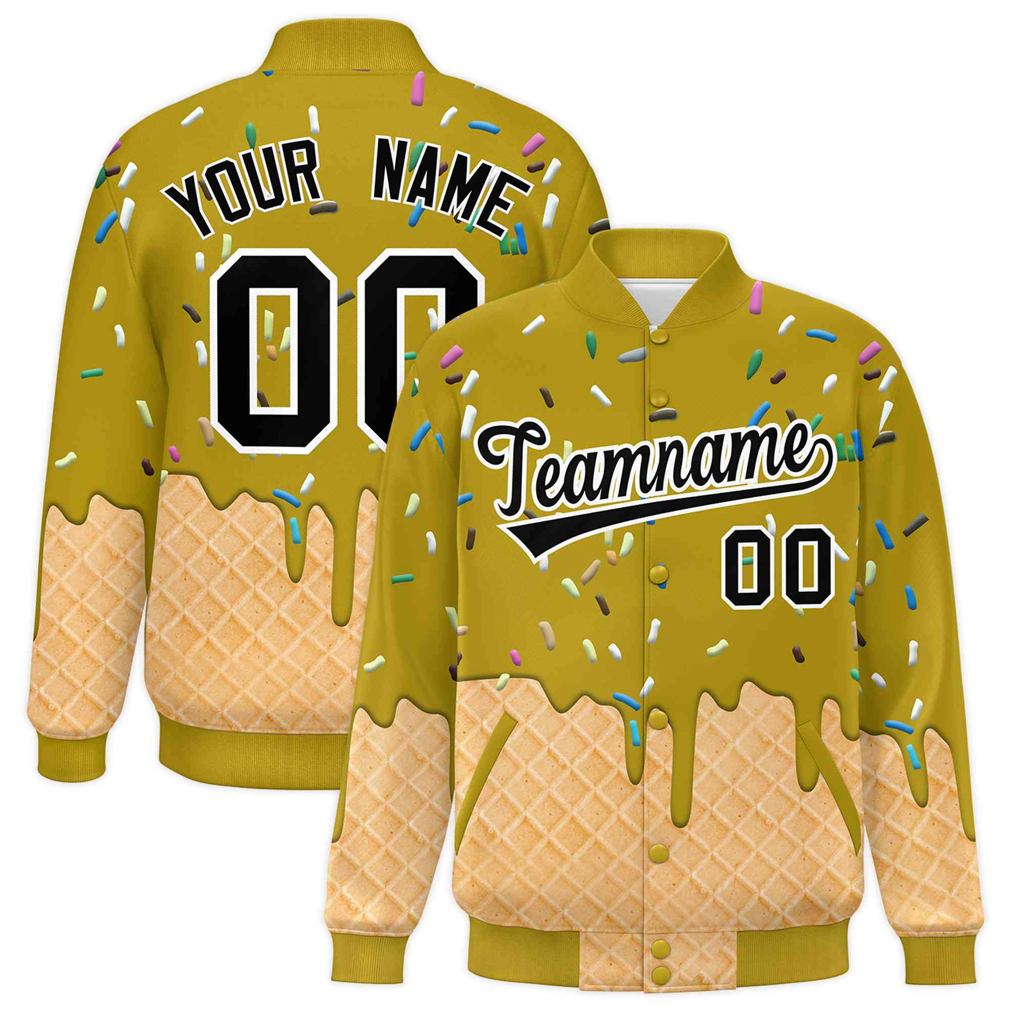 Custom Old Gold Ice Cream Cone Graffiti Pattern Full-Snap Varsity Letterman Jackets| KXKSHOP