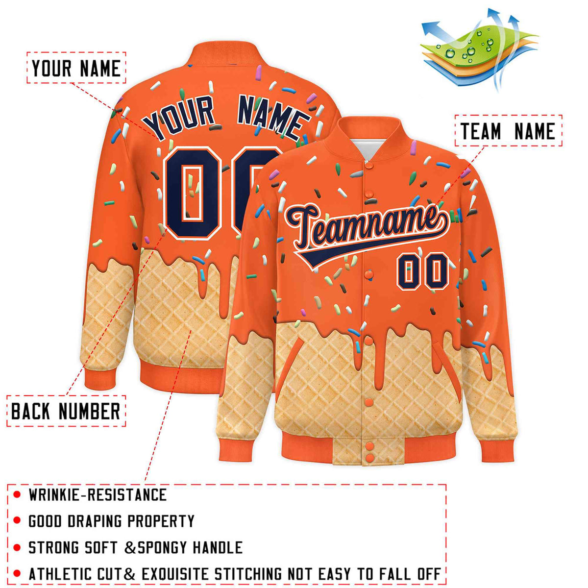 Custom Orange Ice Cream Cone Graffiti Pattern Full-Snap Varsity Letterman Jackets| KXKSHOP