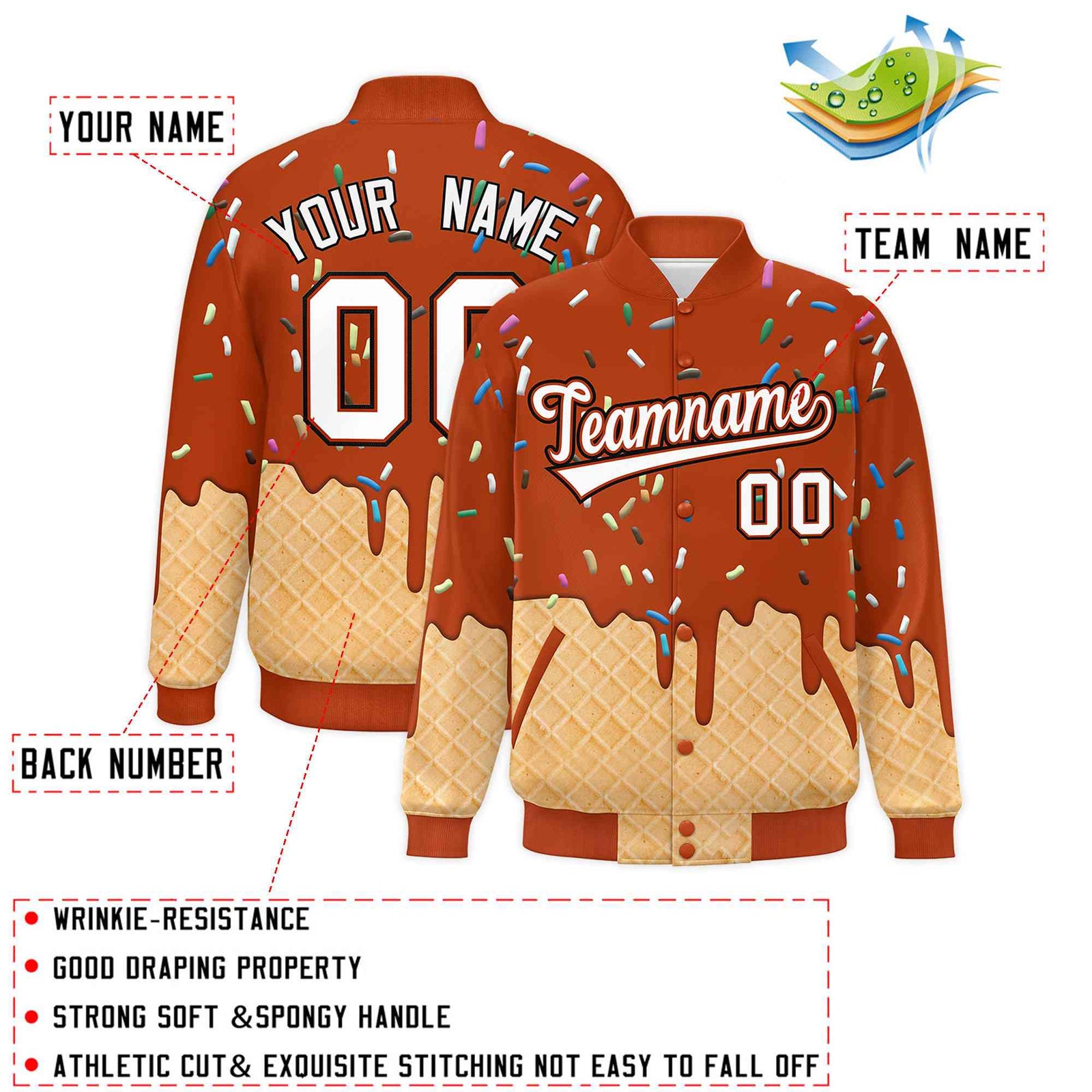 Custom Dark Orange Ice Cream Cone Graffiti Pattern Full-Snap Varsity Letterman Jackets| KXKSHOP