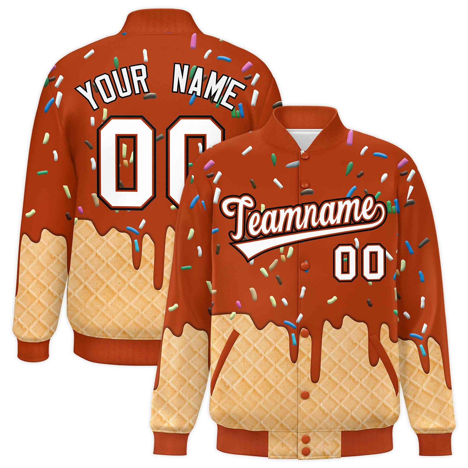Custom Dark Orange Ice Cream Cone Graffiti Pattern Full-Snap Varsity Letterman Jackets| KXKSHOP