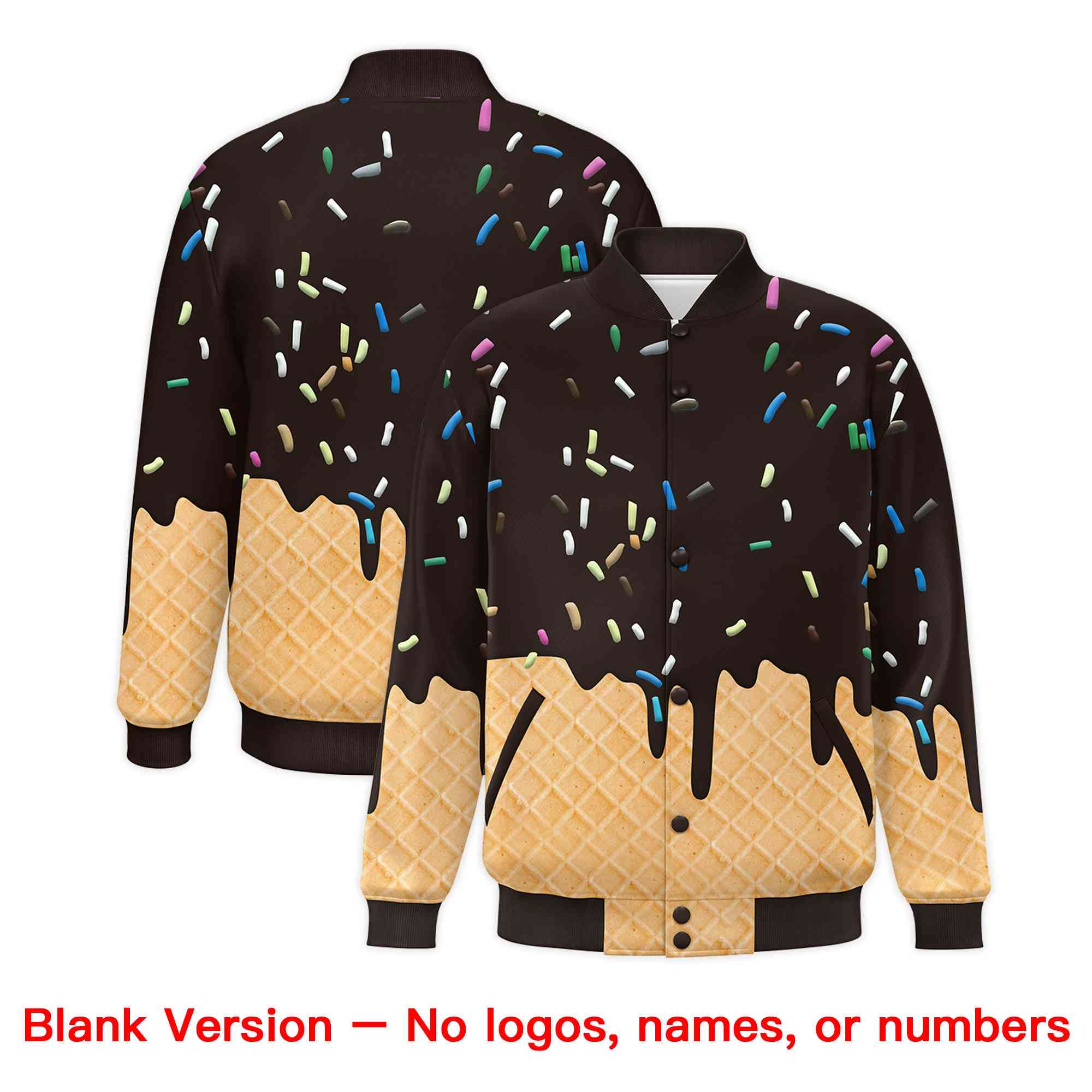 Custom Brown Ice Cream Cone Graffiti Pattern Full-Snap Varsity Letterman Jackets| KXKSHOP