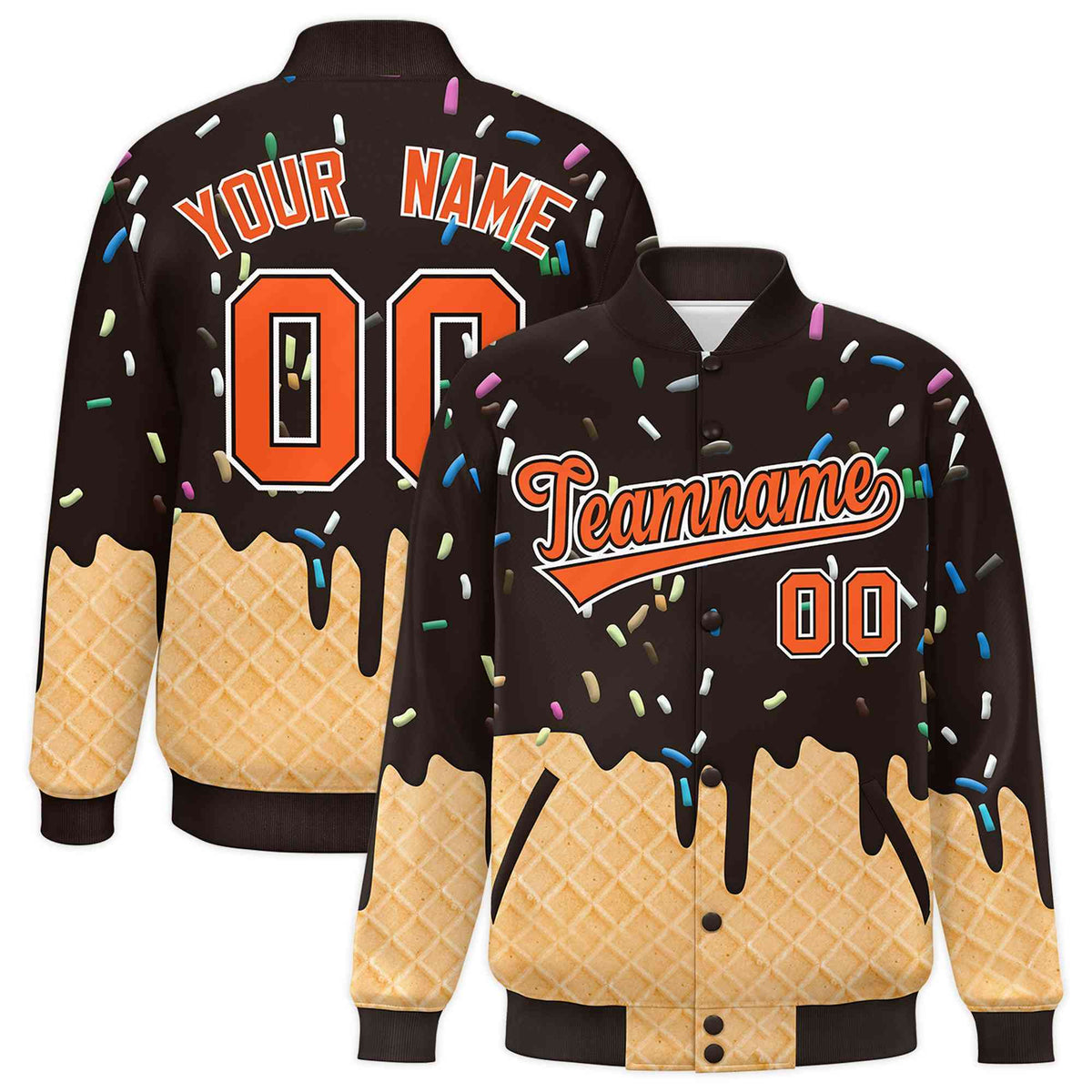 Custom Brown Ice Cream Cone Graffiti Pattern Full-Snap Varsity Letterman Jackets| KXKSHOP