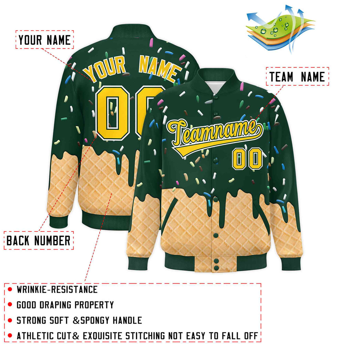 Custom Green Ice Cream Cone Graffiti Pattern Full-Snap Varsity Letterman Jackets| KXKSHOP