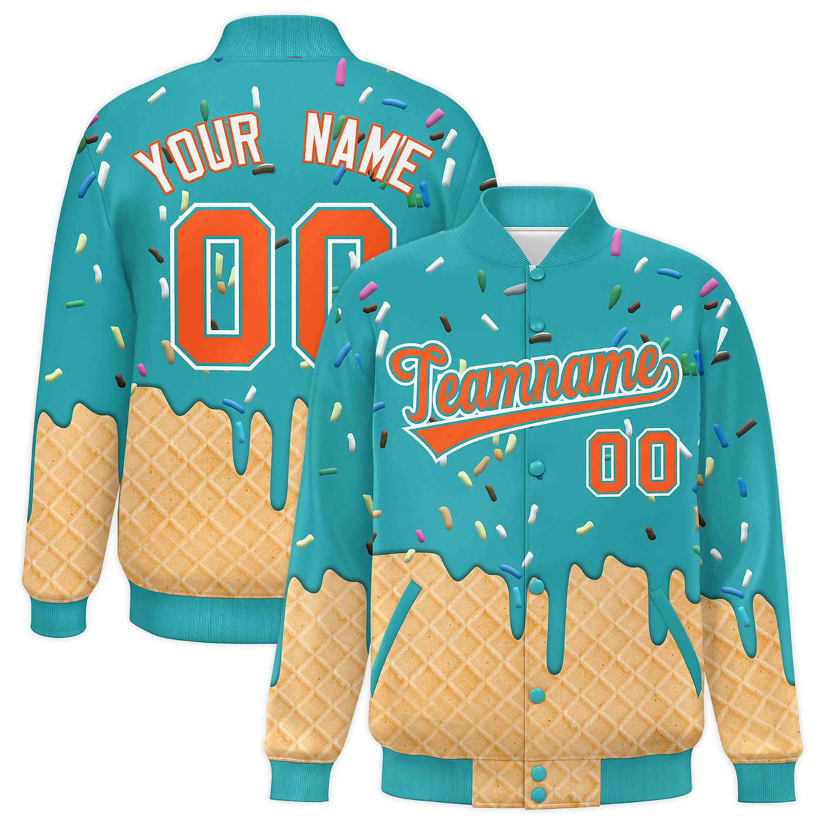 Custom Aqua Ice Cream Cone Graffiti Pattern Full-Snap Varsity Letterman Jackets| KXKSHOP