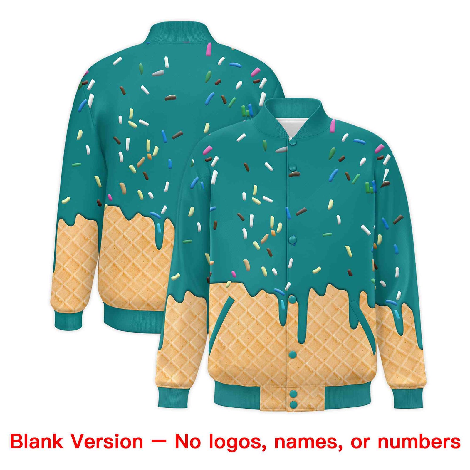 Custom Teal Ice Cream Cone Graffiti Pattern Full-Snap Varsity Letterman Jackets| KXKSHOP