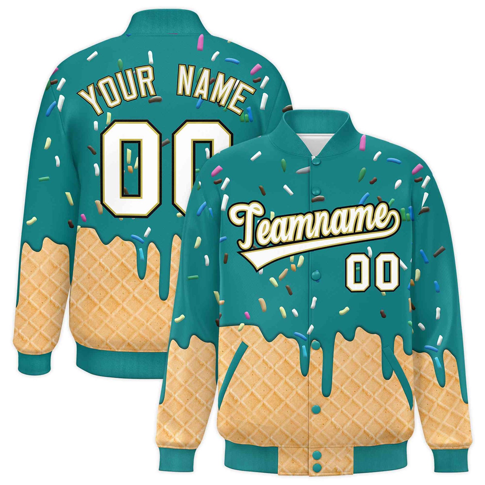 Custom Teal Ice Cream Cone Graffiti Pattern Full-Snap Varsity Letterman Jackets| KXKSHOP