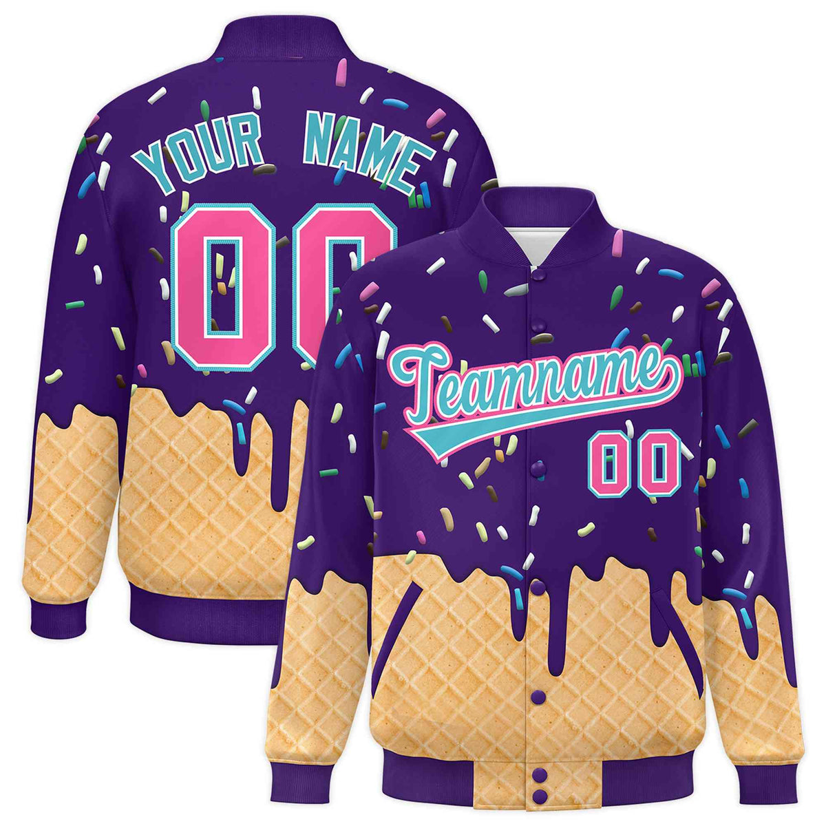 Custom Purple Ice Cream Cone Graffiti Pattern Full-Snap Varsity Letterman Jackets| KXKSHOP