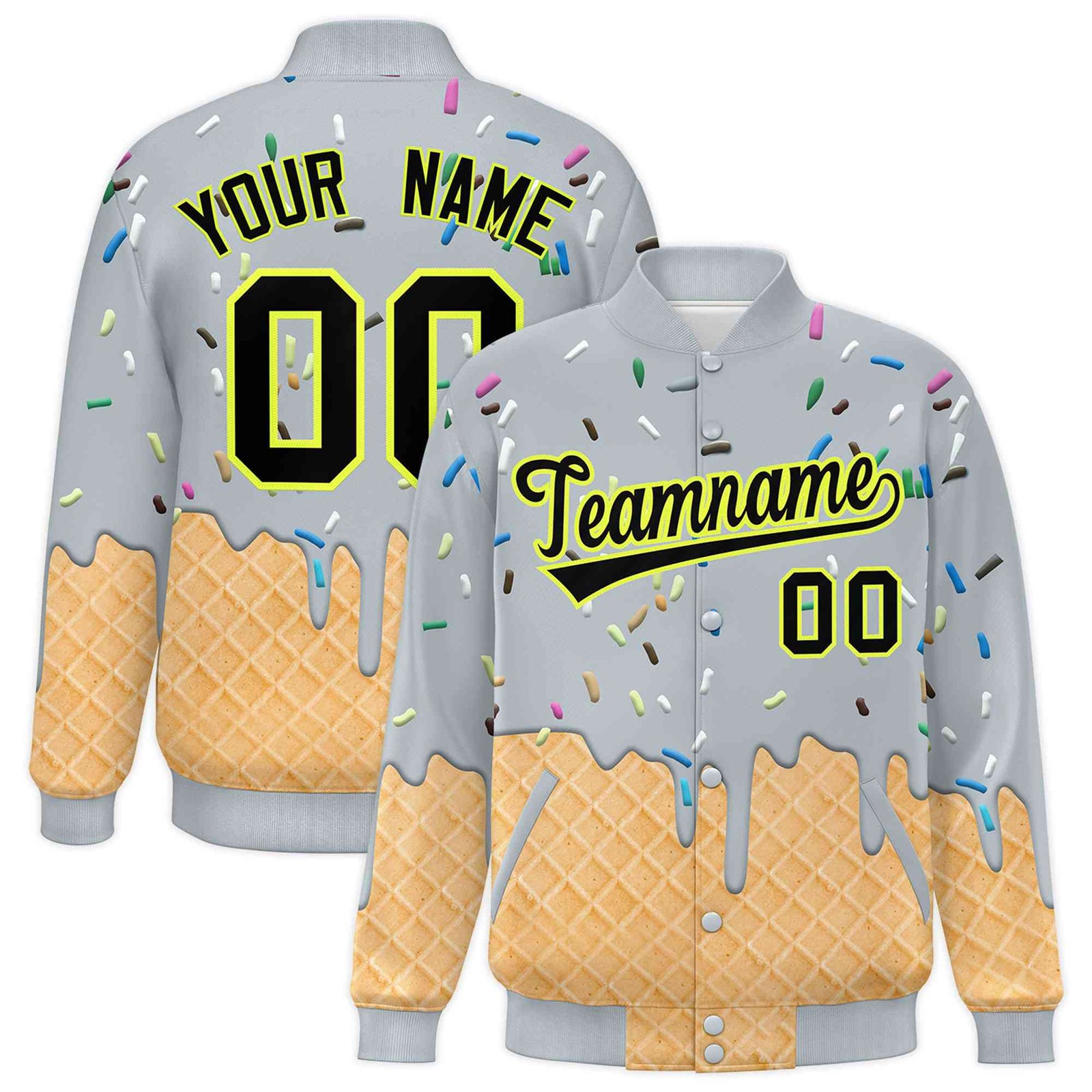 Custom Silver Ice Cream Cone Graffiti Pattern Full-Snap Varsity Letterman Jackets| KXKSHOP