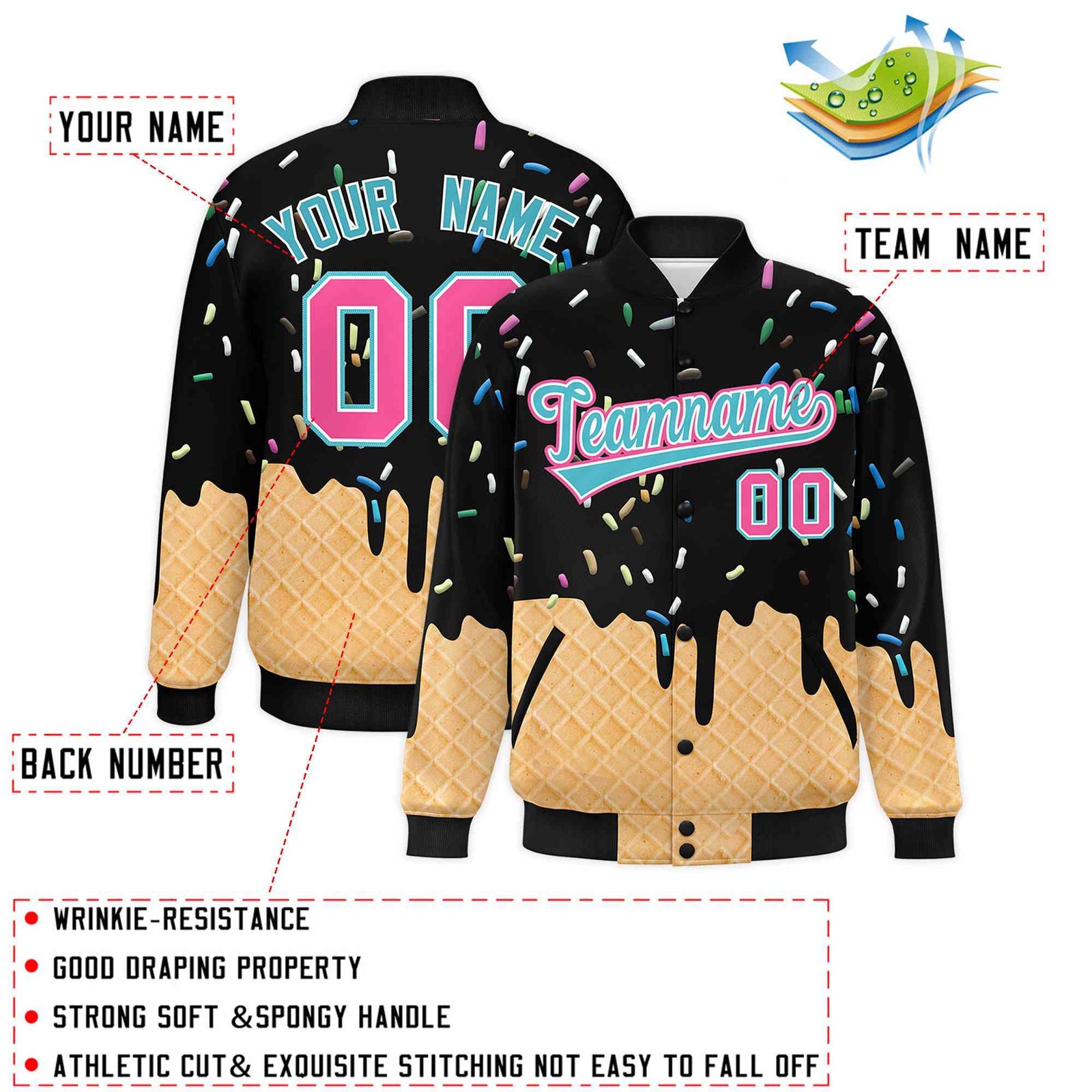 Custom Black Ice Cream Cone Graffiti Pattern Full-Snap Varsity Letterman Jackets| KXKSHOP