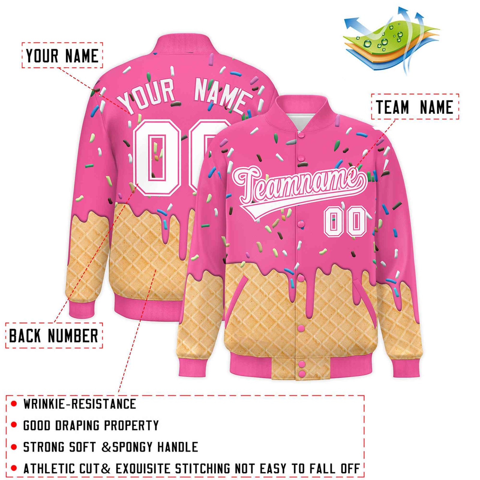 Custom Pink Ice Cream Cone Graffiti Pattern Full-Snap Varsity Letterman Jackets| KXKSHOP