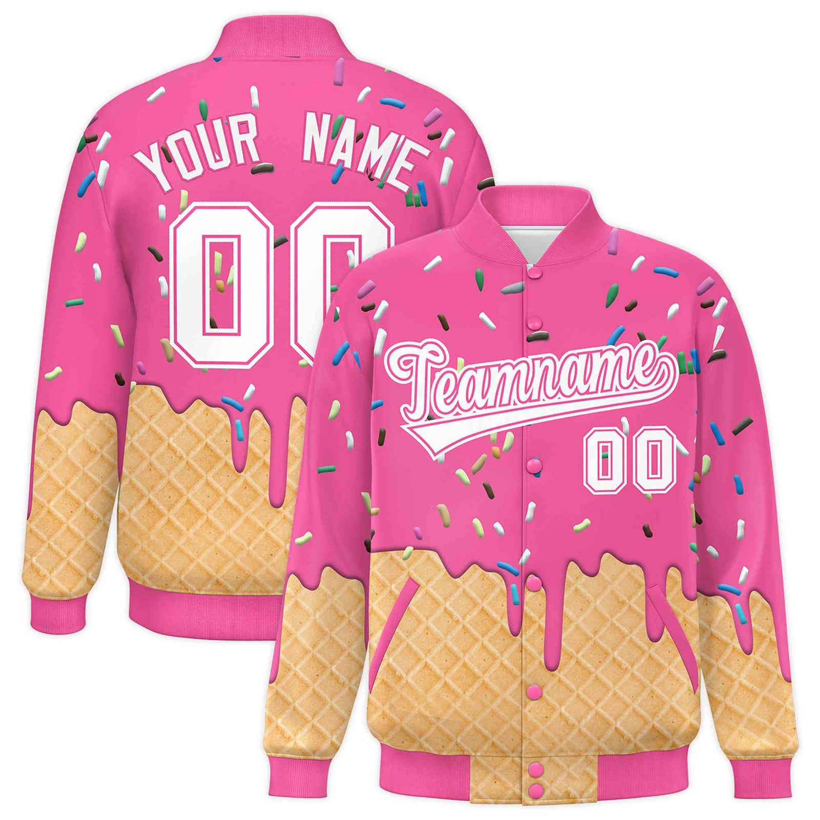 Custom Pink Ice Cream Cone Graffiti Pattern Full-Snap Varsity Letterman Jackets| KXKSHOP