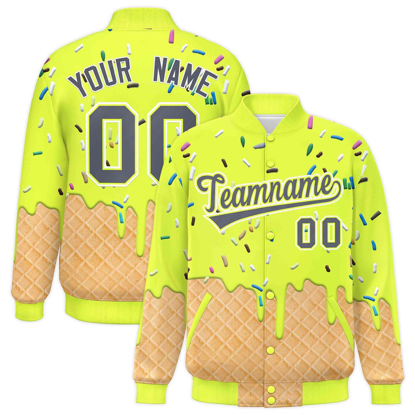 Custom Fluorescent Green Ice Cream Cone Graffiti Pattern Full-Snap Varsity Letterman Jackets| KXKSHOP