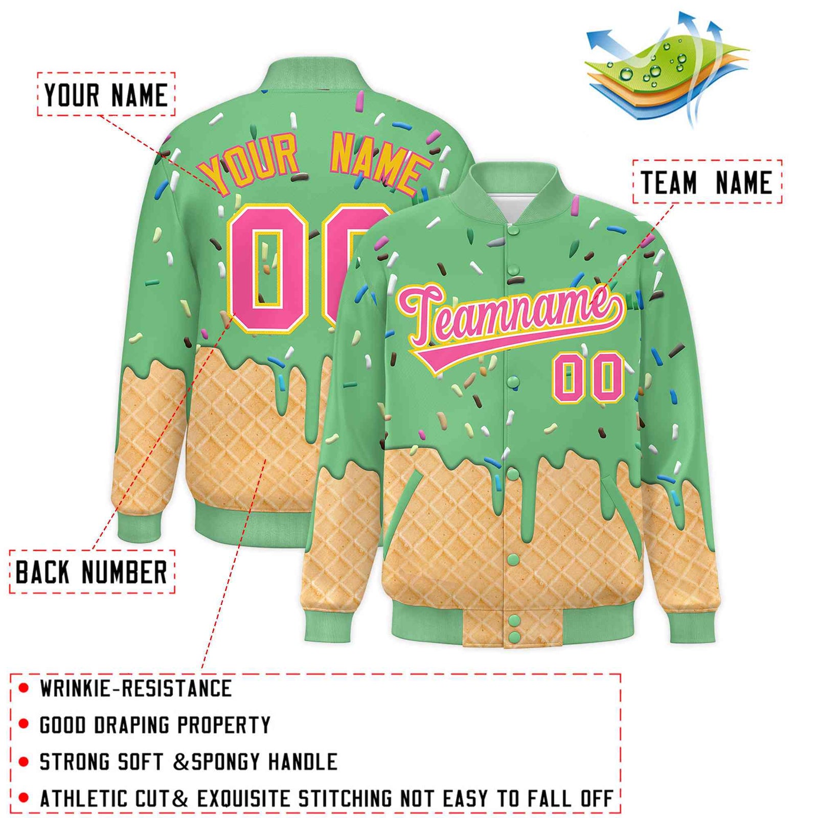 Custom Neon Green Ice Cream Cone Graffiti Pattern Full-Snap Varsity Letterman Jackets| KXKSHOP