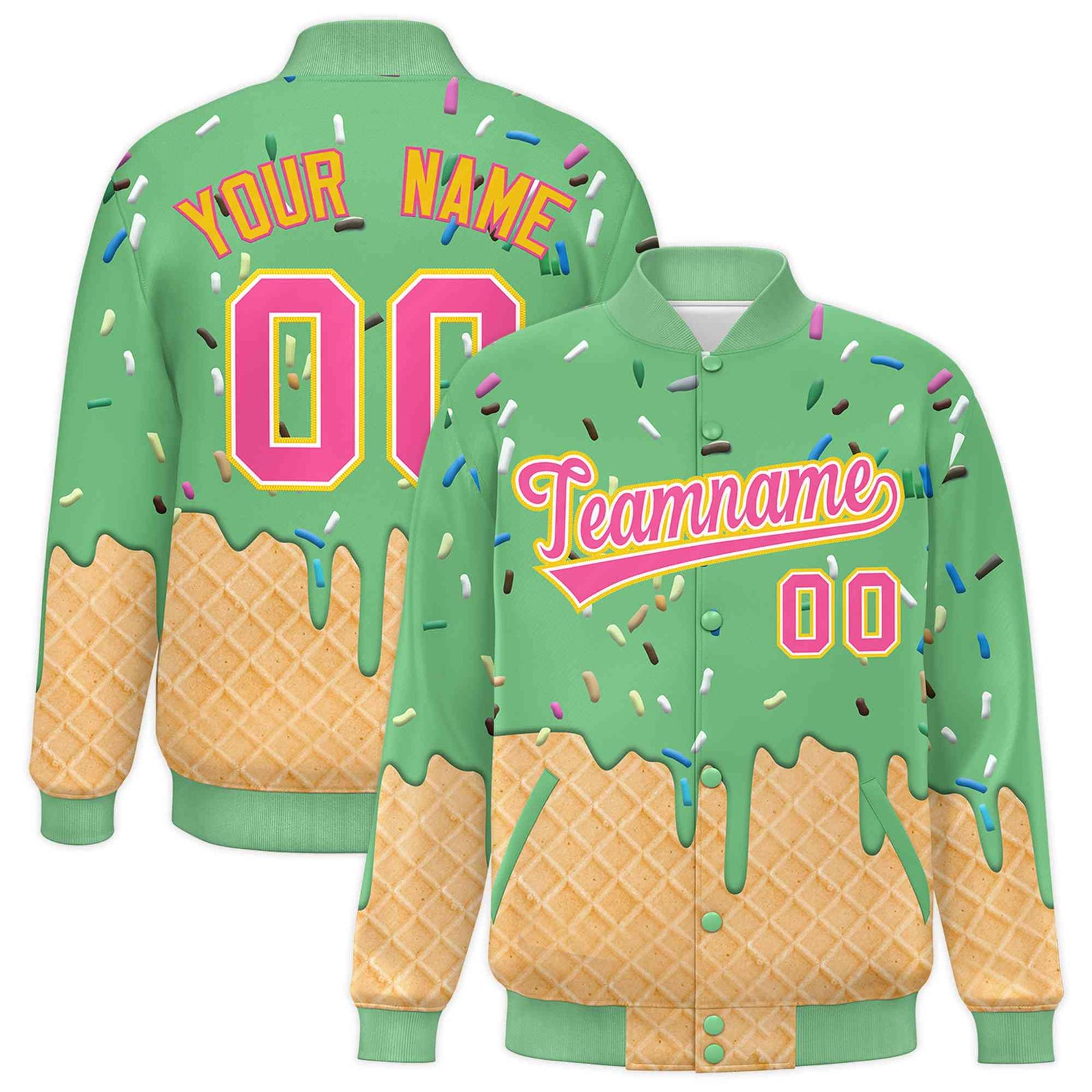 Custom Neon Green Ice Cream Cone Graffiti Pattern Full-Snap Varsity Letterman Jackets| KXKSHOP