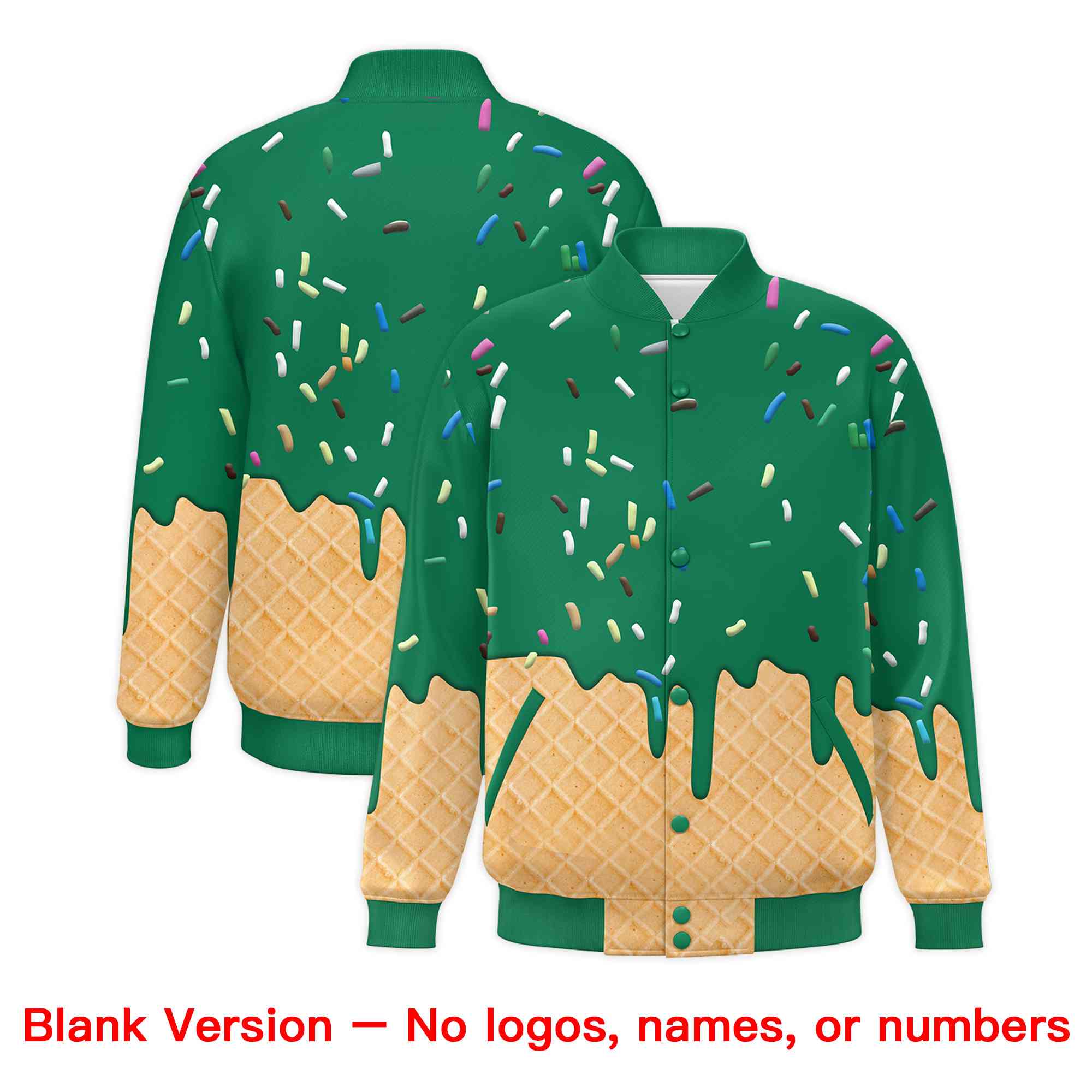 Custom Kelly Green Ice Cream Cone Graffiti Pattern Full-Snap Varsity Letterman Jackets| KXKSHOP