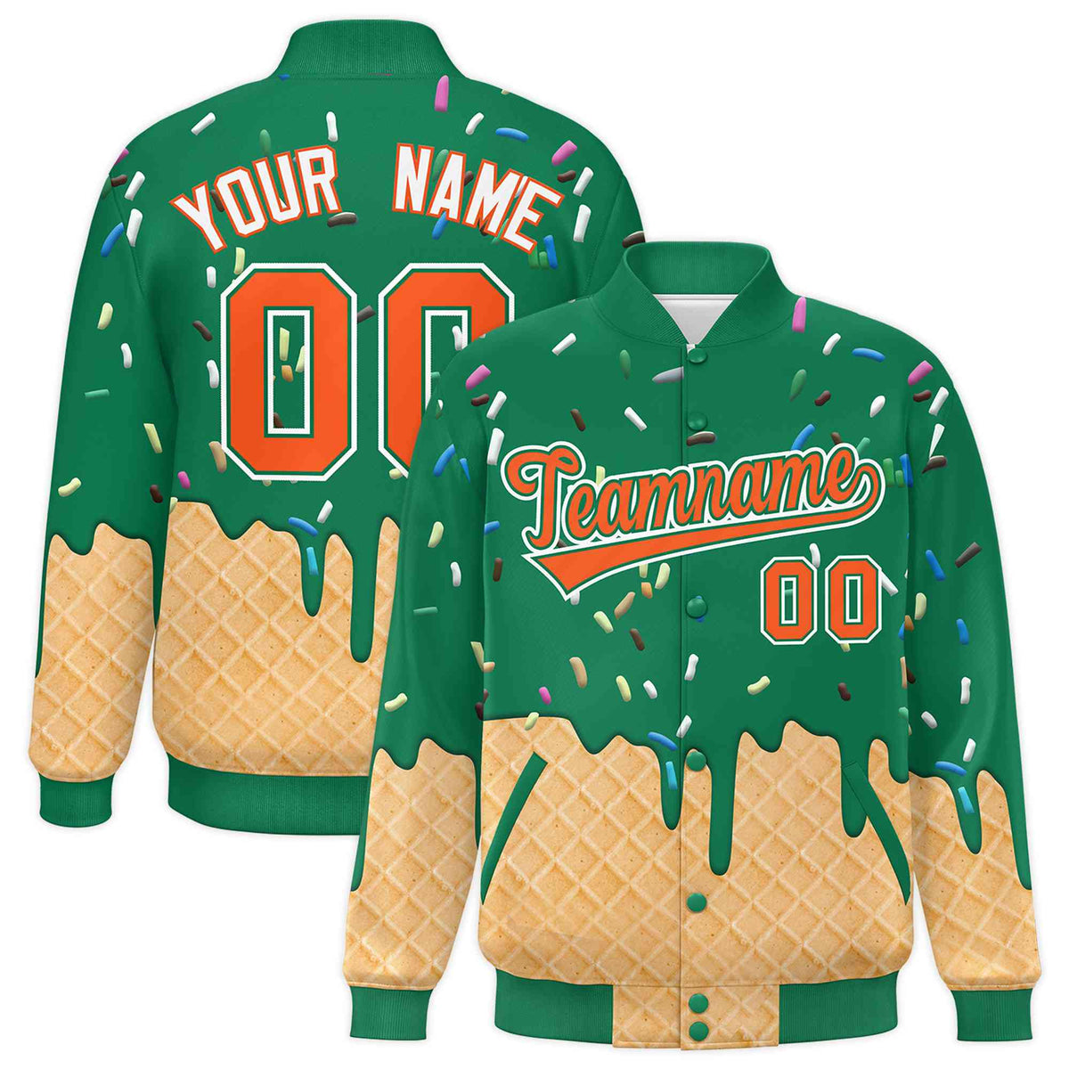 Custom Kelly Green Ice Cream Cone Graffiti Pattern Full-Snap Varsity Letterman Jackets| KXKSHOP