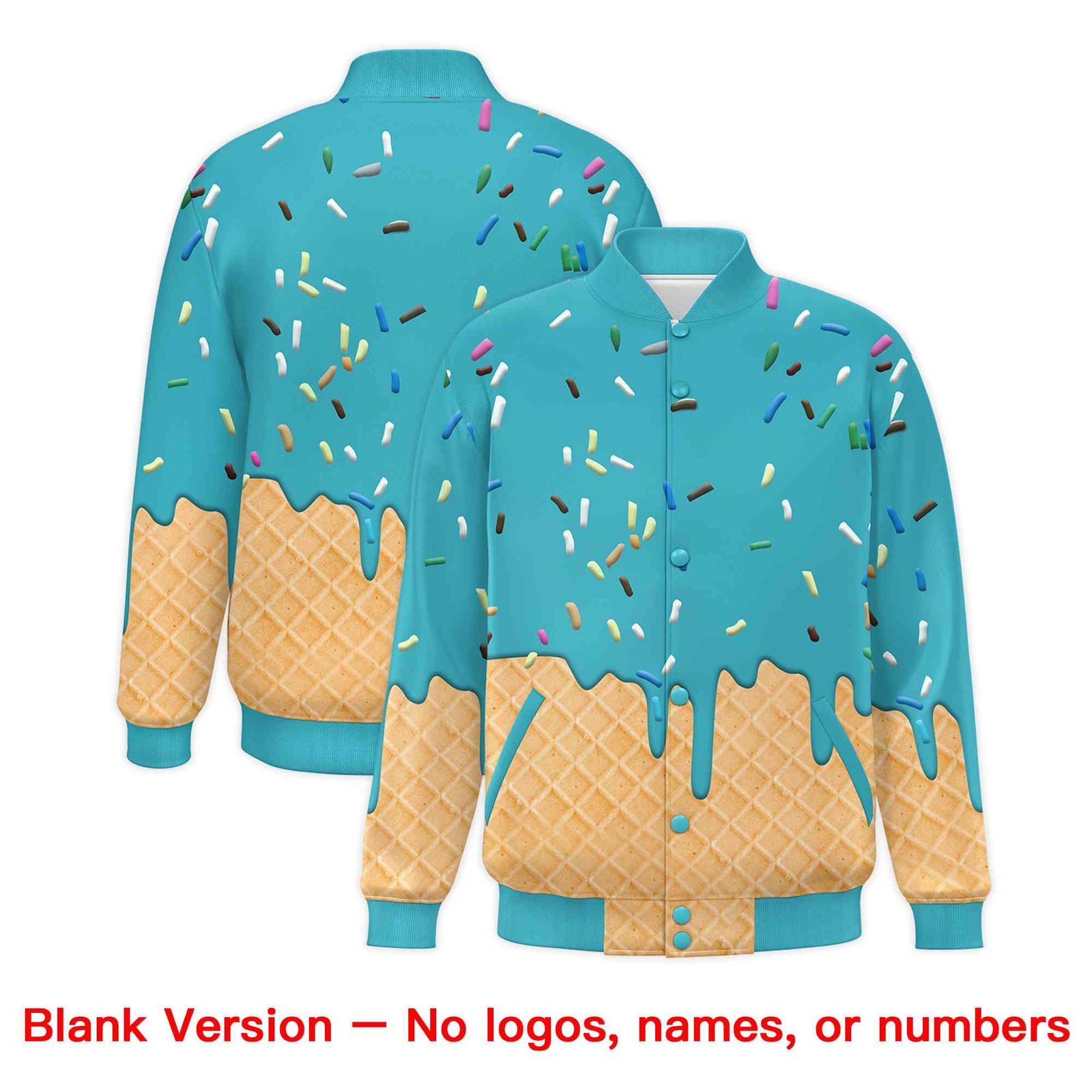 Custom Sky Blue Ice Cream Cone Graffiti Pattern Full-Snap Varsity Letterman Jackets| KXKSHOP