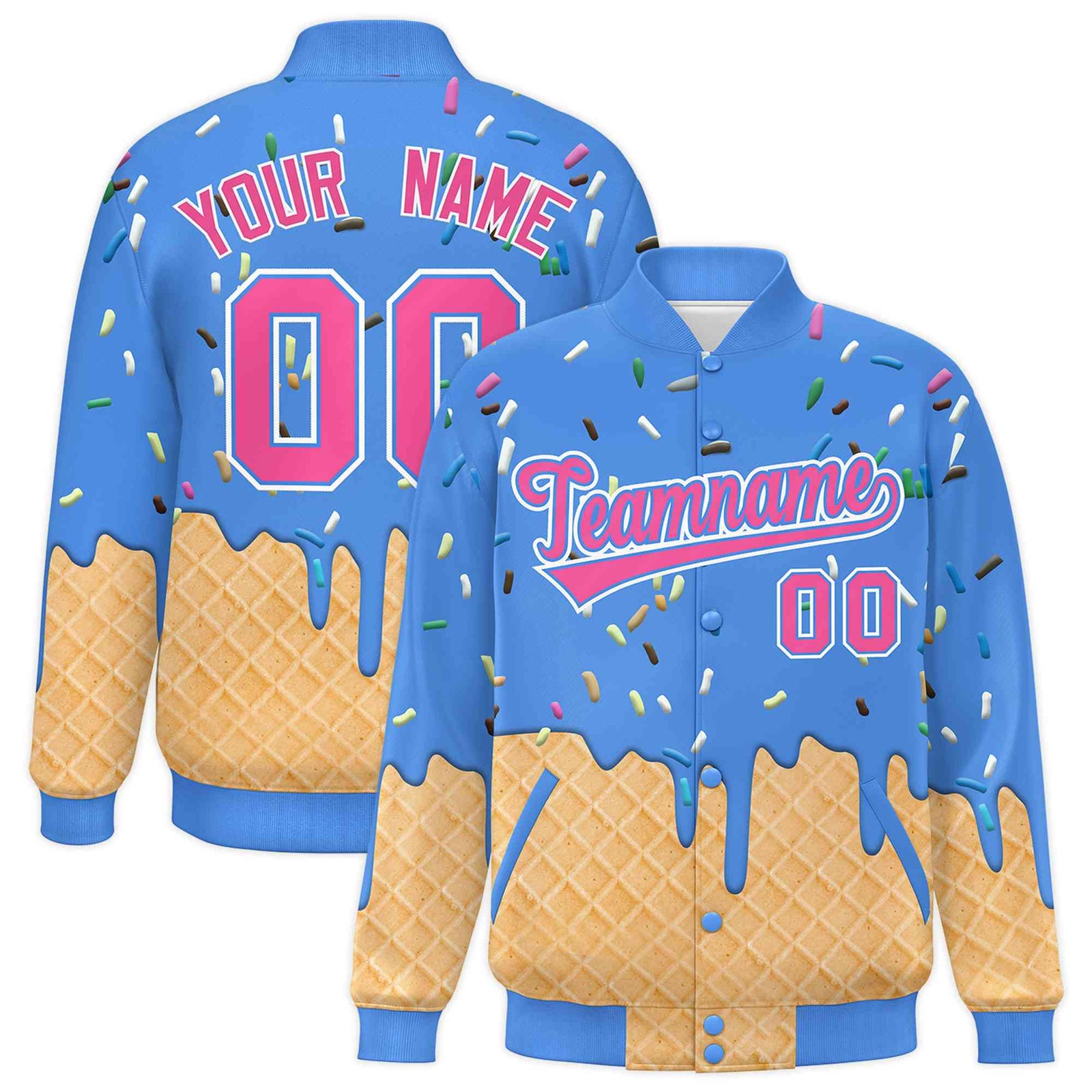 Custom Powder Blue Ice Cream Cone Graffiti Pattern Full-Snap Varsity Letterman Jackets| KXKSHOP
